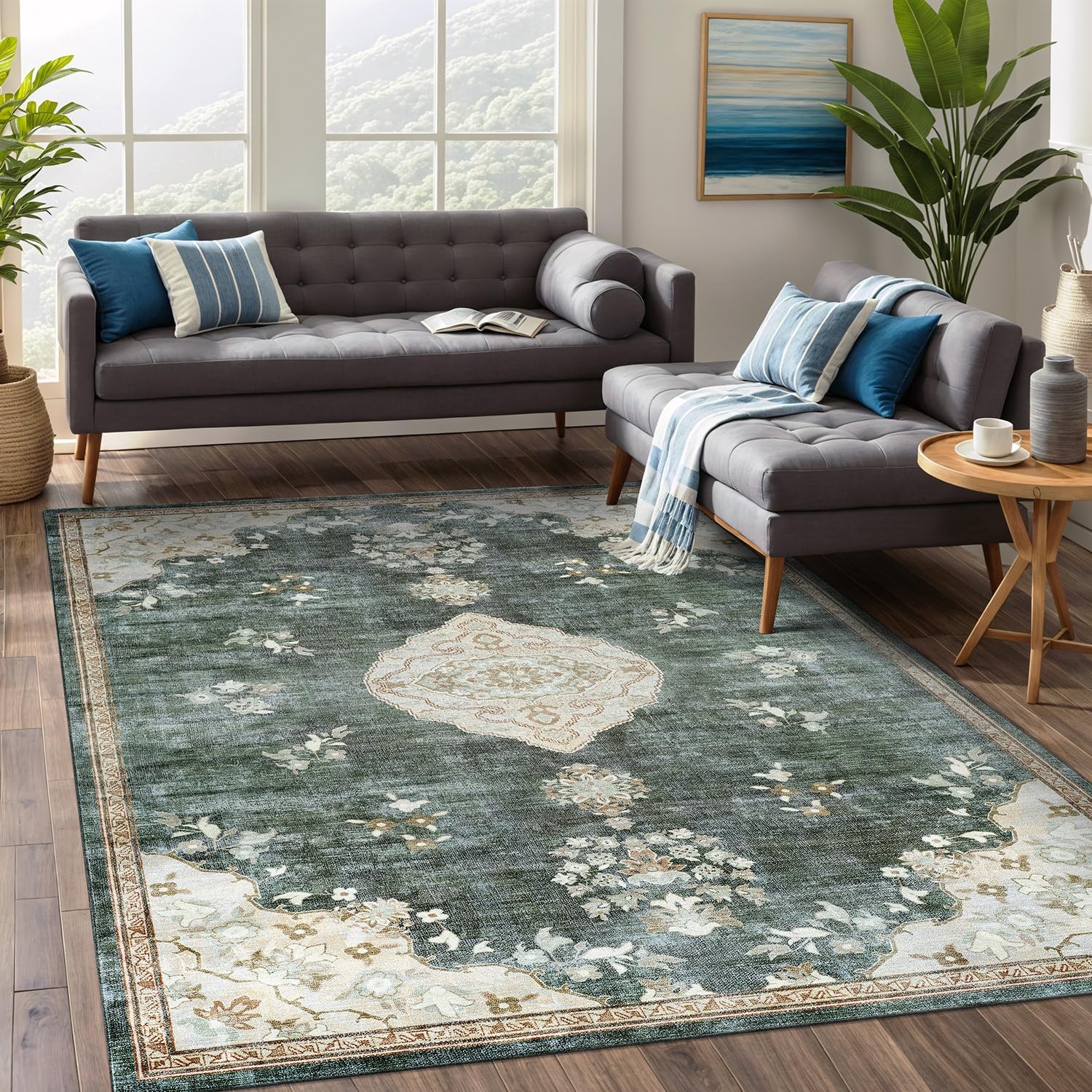 New Beverly Rug Non Slip Rugs 5×7 Boho Medallion Floral Skid Rubber Backing Easy