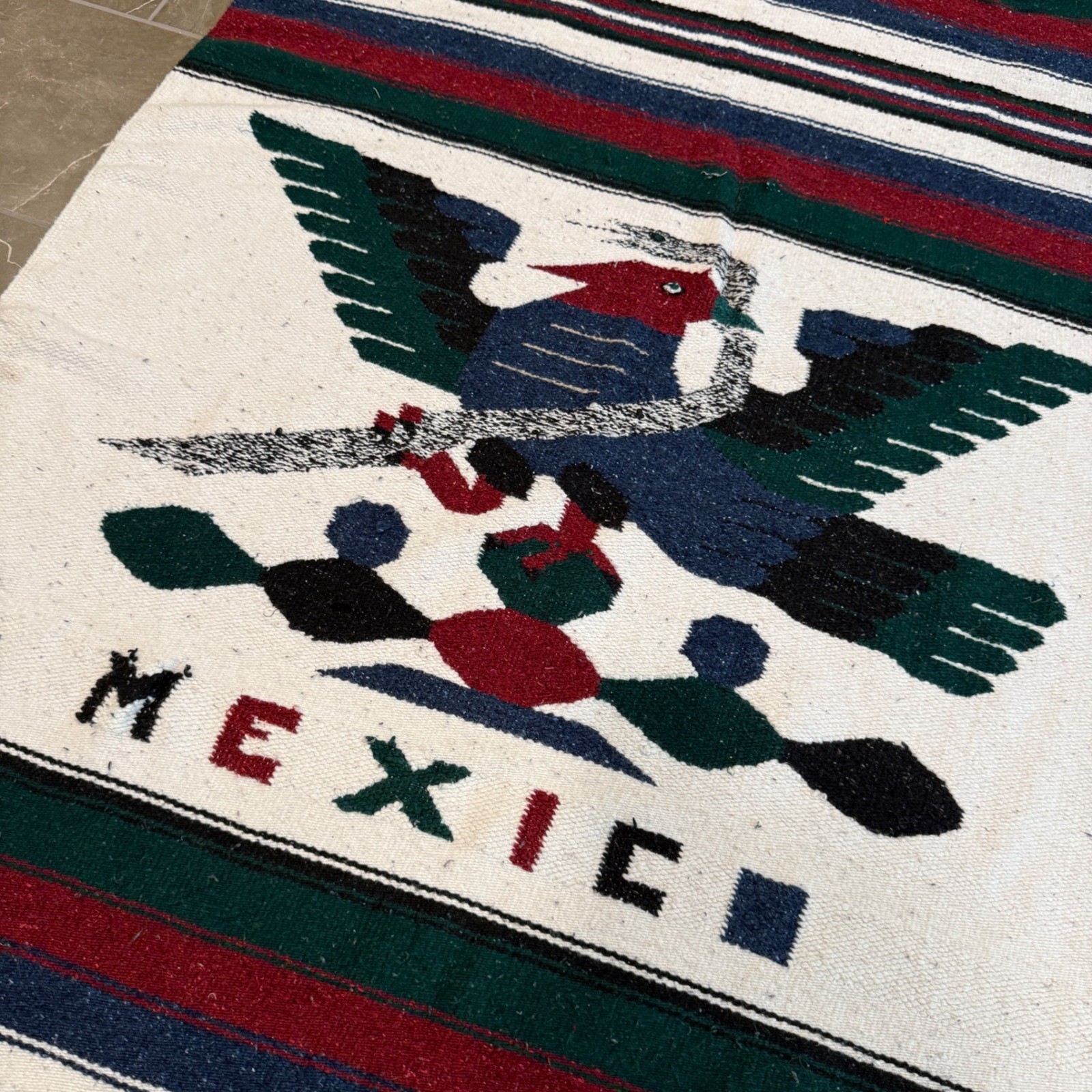 Vintage Mexico Tapestry Serape Blanket Cream Eagle Snake Striped Rug 77 x 48