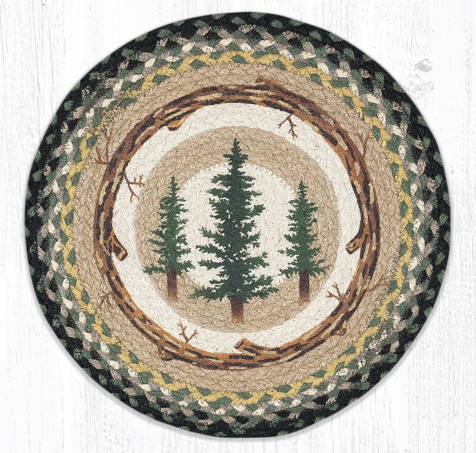 2 Braided Jute Round Stenciled Placemat/Trivet/Swatch. Earth Rugs. TALL TIMBERS