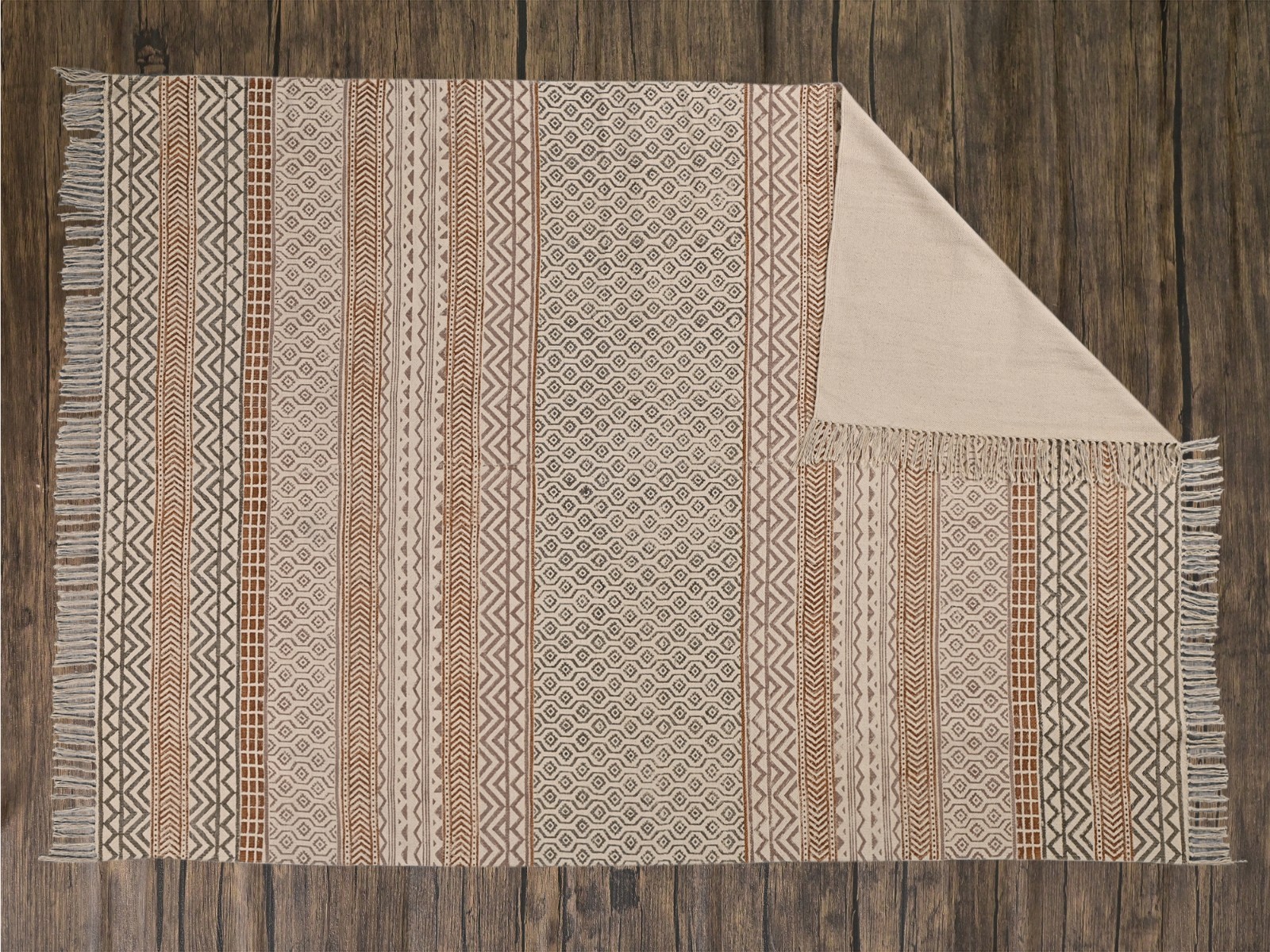 Beige Brown Hand Block Print Cotton Area Rug Boho Farmhouse Carpet Fringe Rug