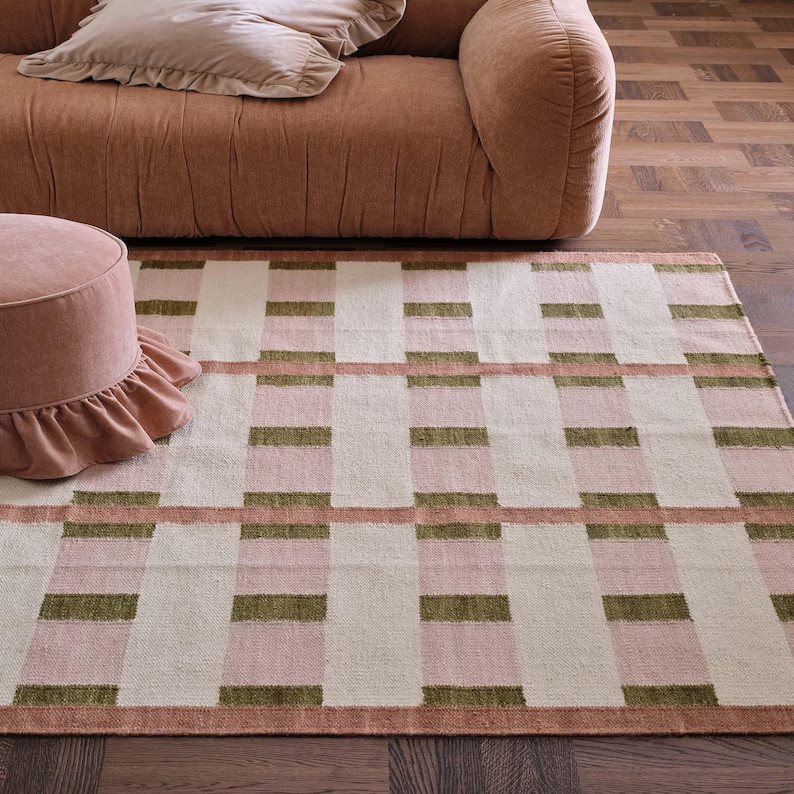 Hand Woven Wool Runner Rug Pink Beige Modern Hallway Flatweave Kilim Carpet