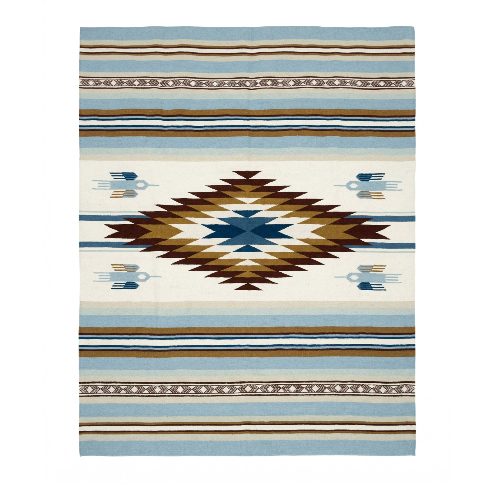 Navajo Style Wool Area Rug Blue Brown Diamond Eye of God Tribal Flatweave 10×14