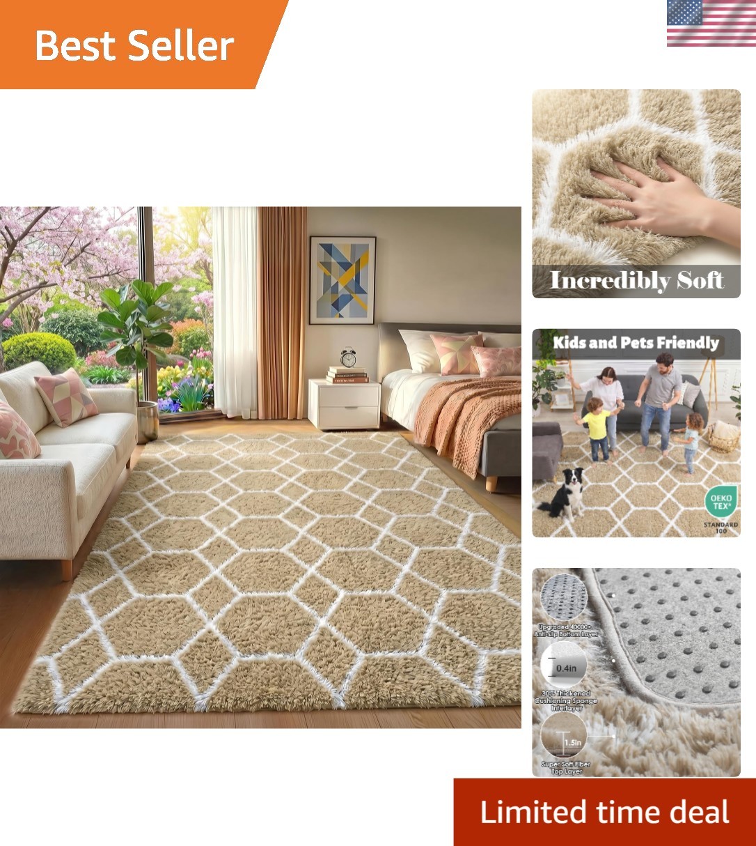 4×6 Fluffy Beige & White Geometric Area Rug: Soft, Safe & Stylish Decor!
