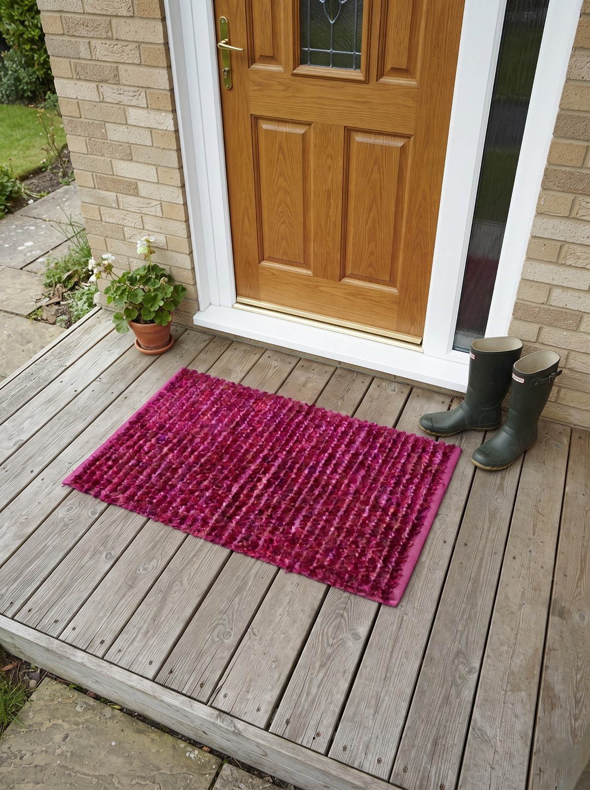 Handmade Cotton Magenta Pink Shag Cut Pile Striped Area Rug Mat Accent