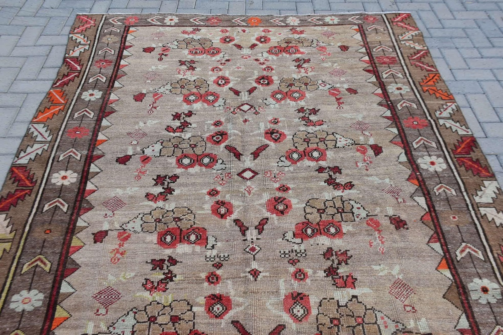 Turkish Vintage Rug, 6,3×11 ft Rug Rug, Beige Red Floral Rug