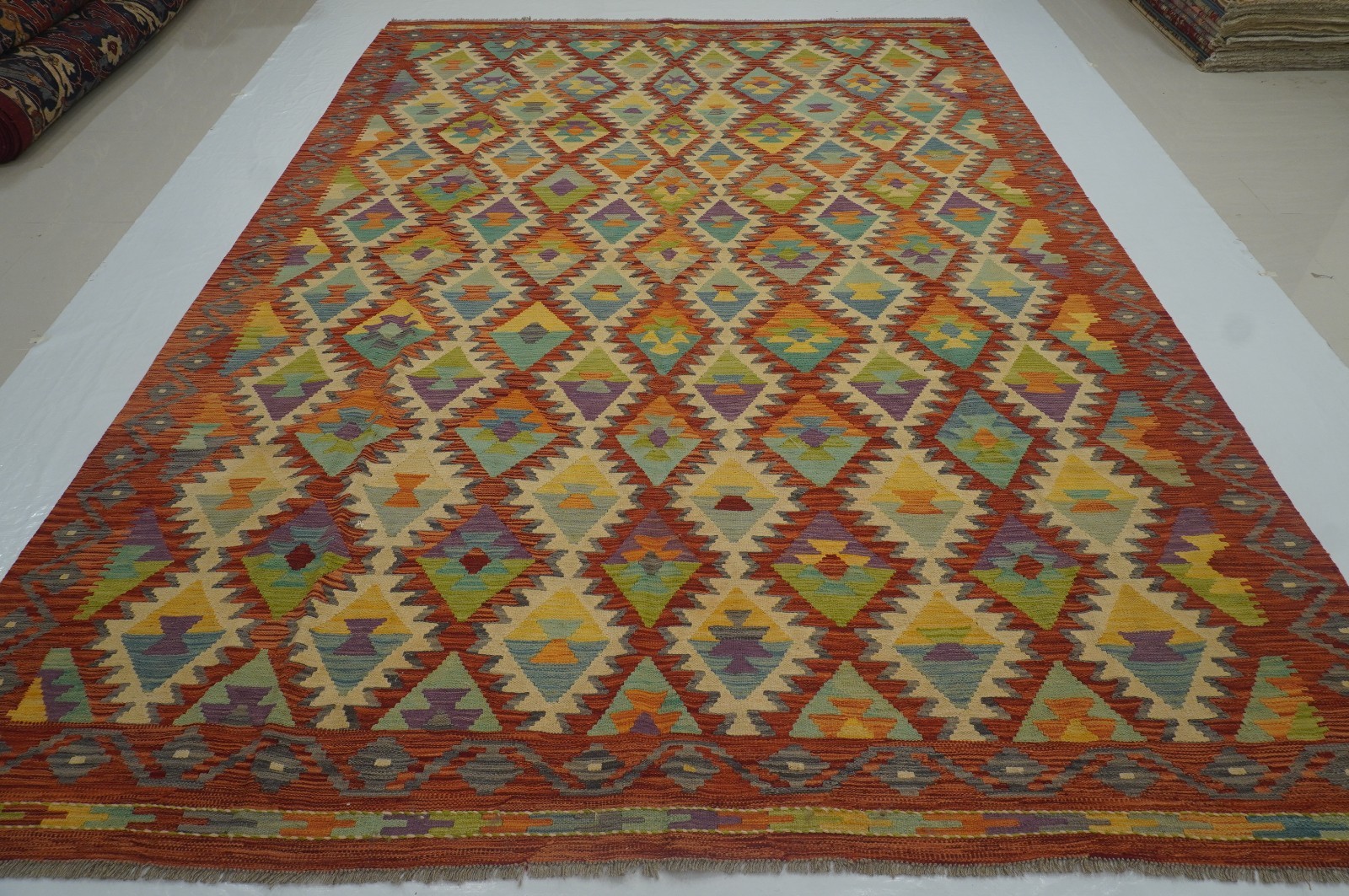 8×11 ft Red Afghan Handmade Geometric Wool Kilim Area Rug (8’3″x11’3″)