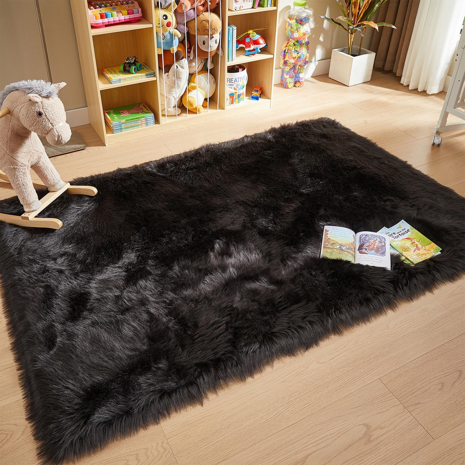AMTOVO Faux Fur Sheepskin Rug for Living Room, 4 x 6 ft Black Fluffy Area Rug…