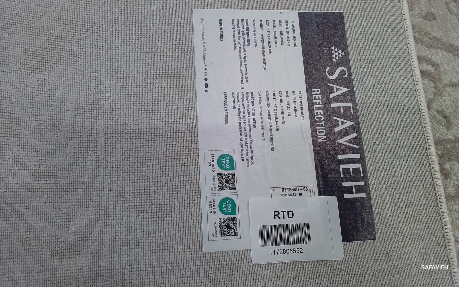 CREME / IVORY 6′-0″ x 8′-0″ Back Stain Rug, Reduced Price 1172805552 RFT664D-68