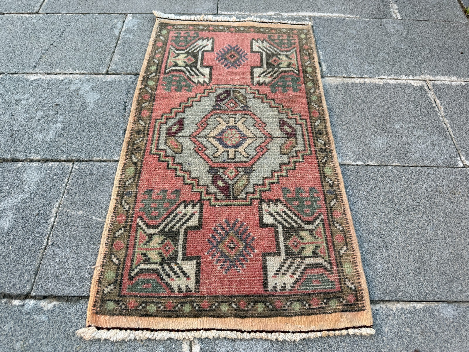 Vintage Turkish Rug 1.6×3 Ft Handmade Wool Red Anatolian Area Rug Geometric