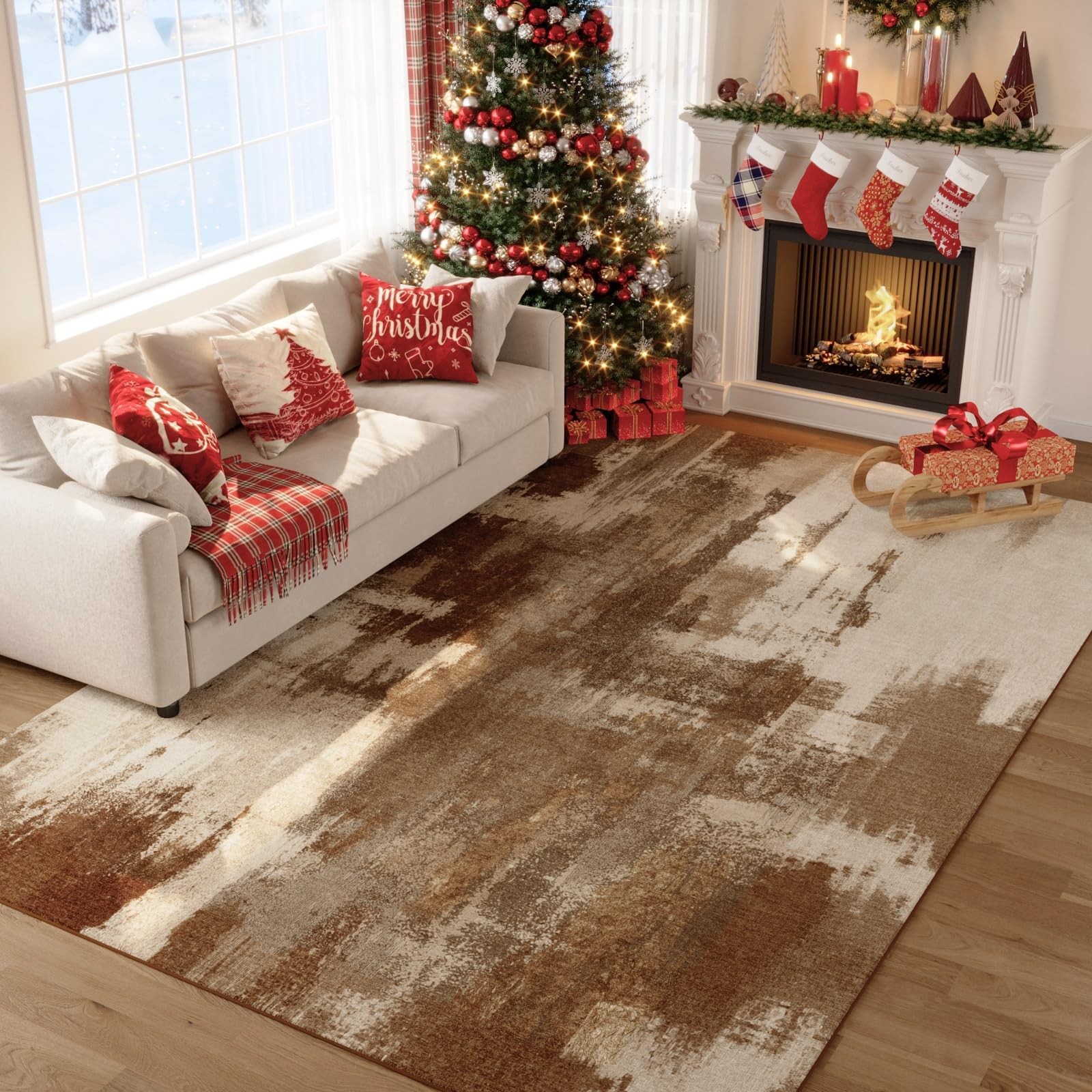 Living Room Rug, 5×7 Rug Modern Abstract Washable Rugs Brown Foldable Faux Wo…
