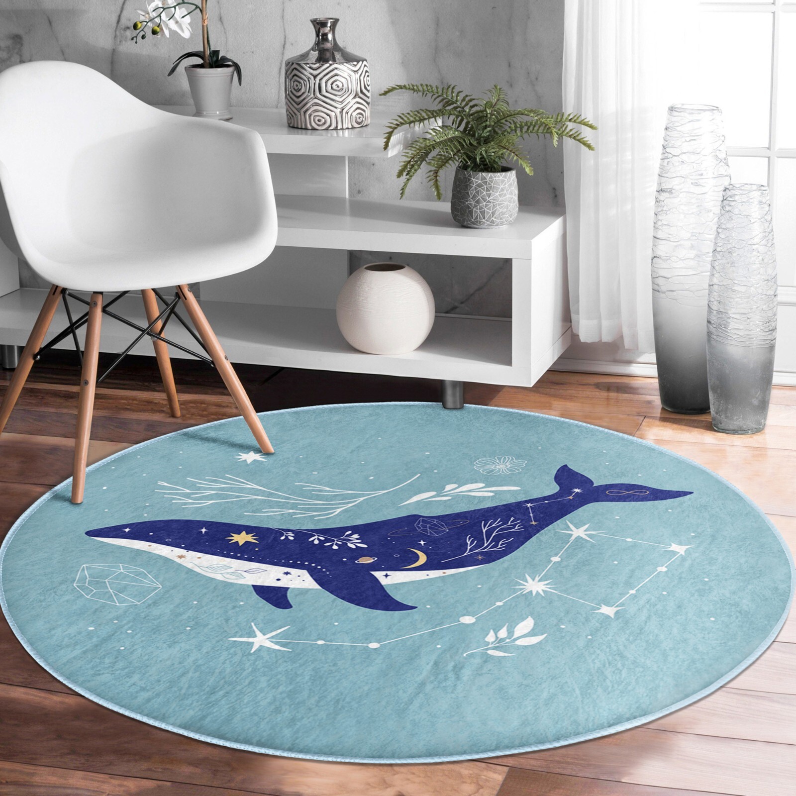 Blue Whale Pattern Kids Room Washable Round Rug | Homeezone
