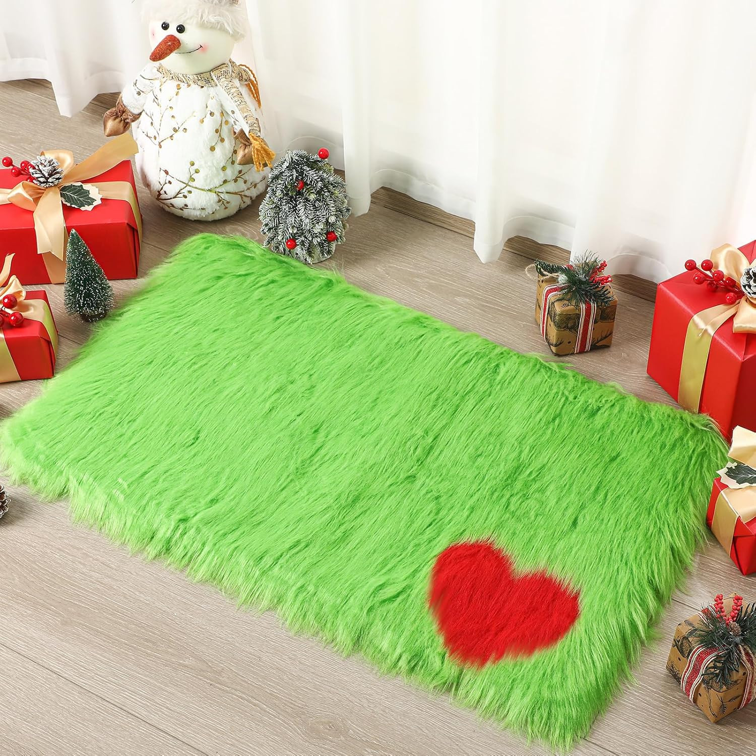 Lime Green Furry Christmas Mat with Red Heart Pattern Green Rugs for Bedroom Liv