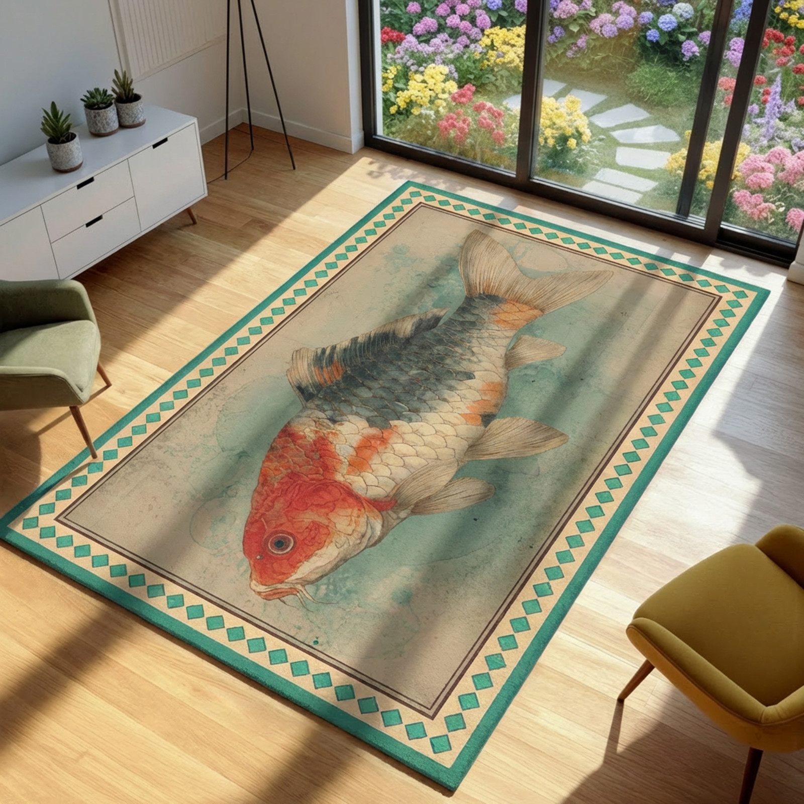 Koi Fish Area Rug, Vintage Style Japanese Carp Carpet, Teal Geometric Border