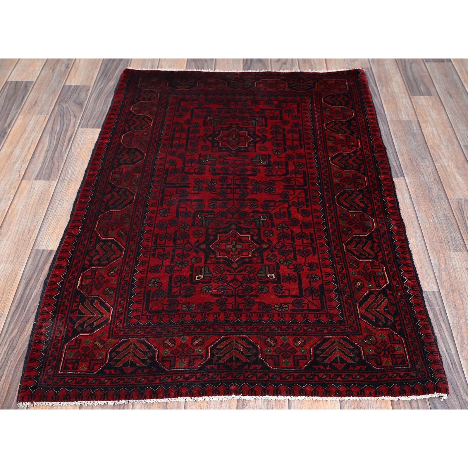 2’8″x4′ Red Afghan Khamyab Tribal Design Soft Wool Hand Knotted Sample Rug R726