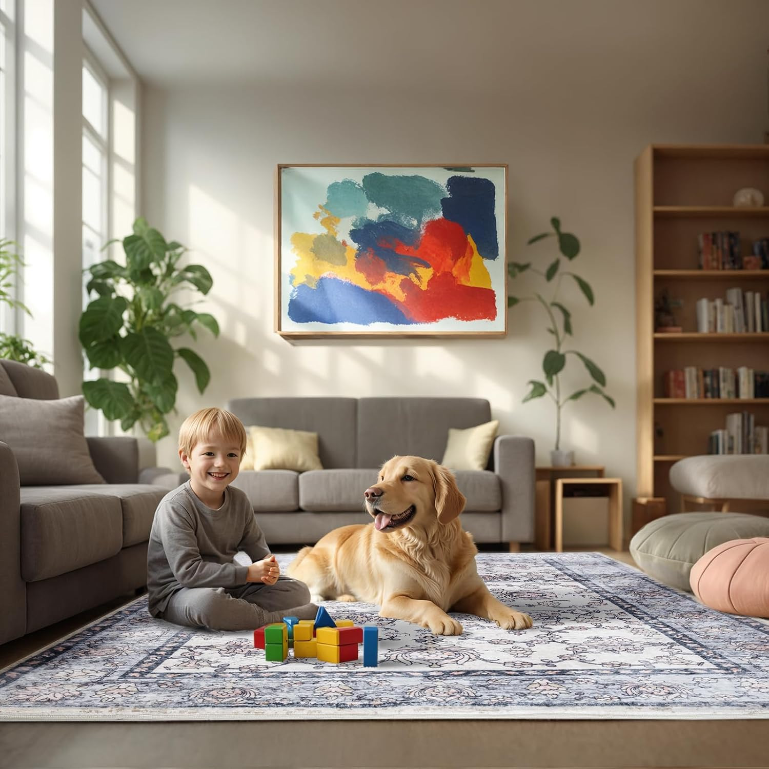 Area Rug for Living Room, 6X9 Machine Washable Non Slip Large Faux Wool Throw Ru