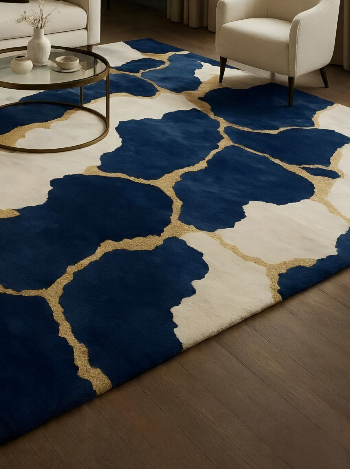 Modern Hand Tufted Blue Ivory & Gold Wool Area Rug Handmade Carpet For Decor
