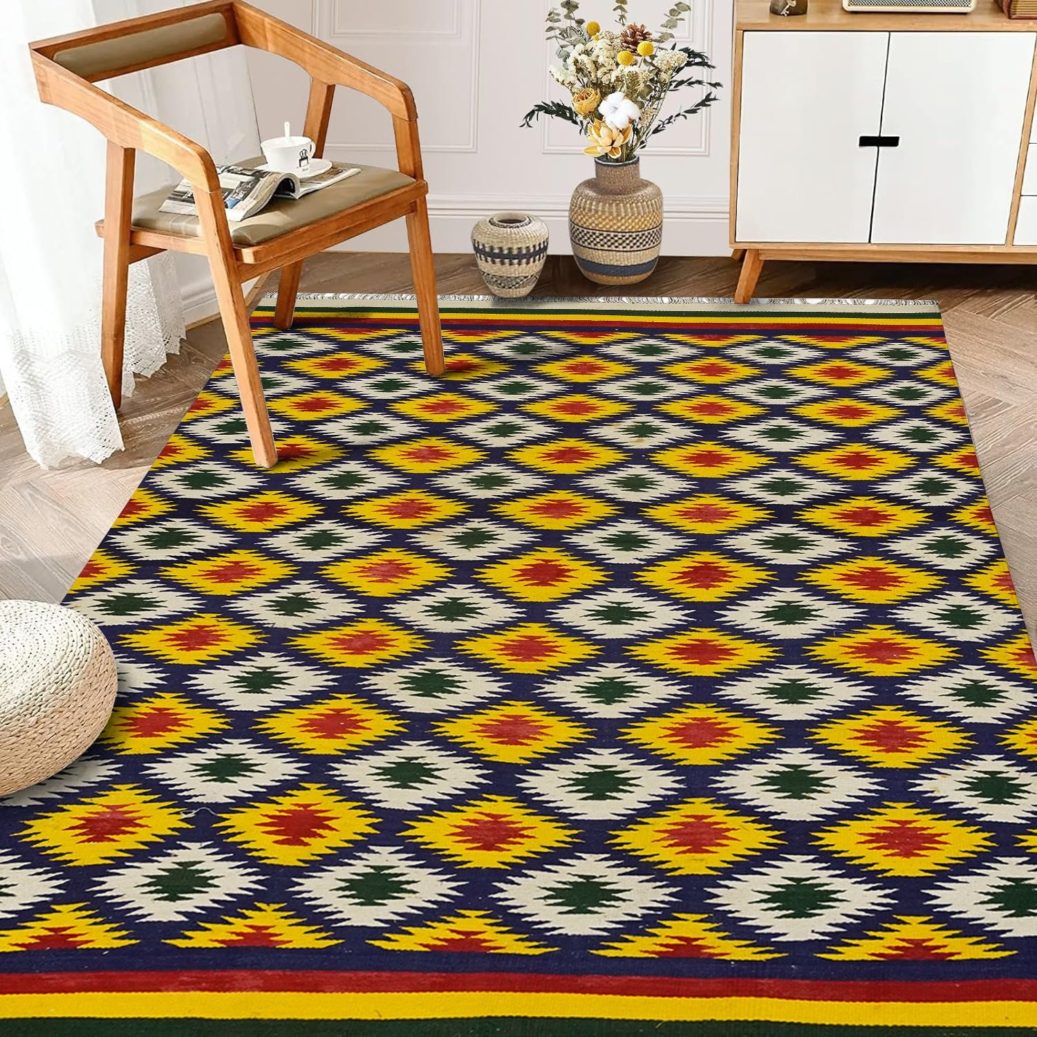 4×7 Sq Ft Handmade Cotton Traditional Punjabi Area Rug Diamond Kilim Rug