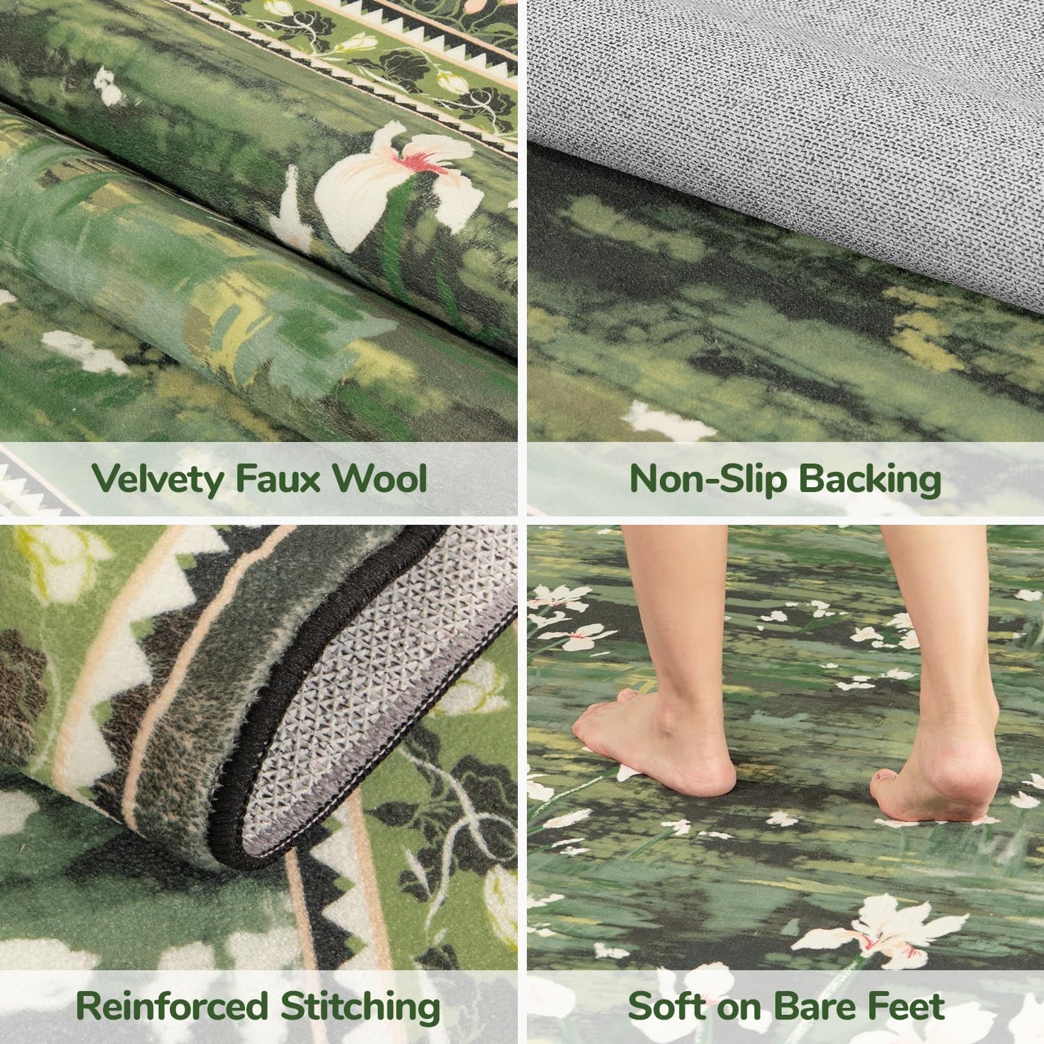 Soft Faux Wool 5×7 Dark Green Floral Rug – Stain Resistant & Family Friendly