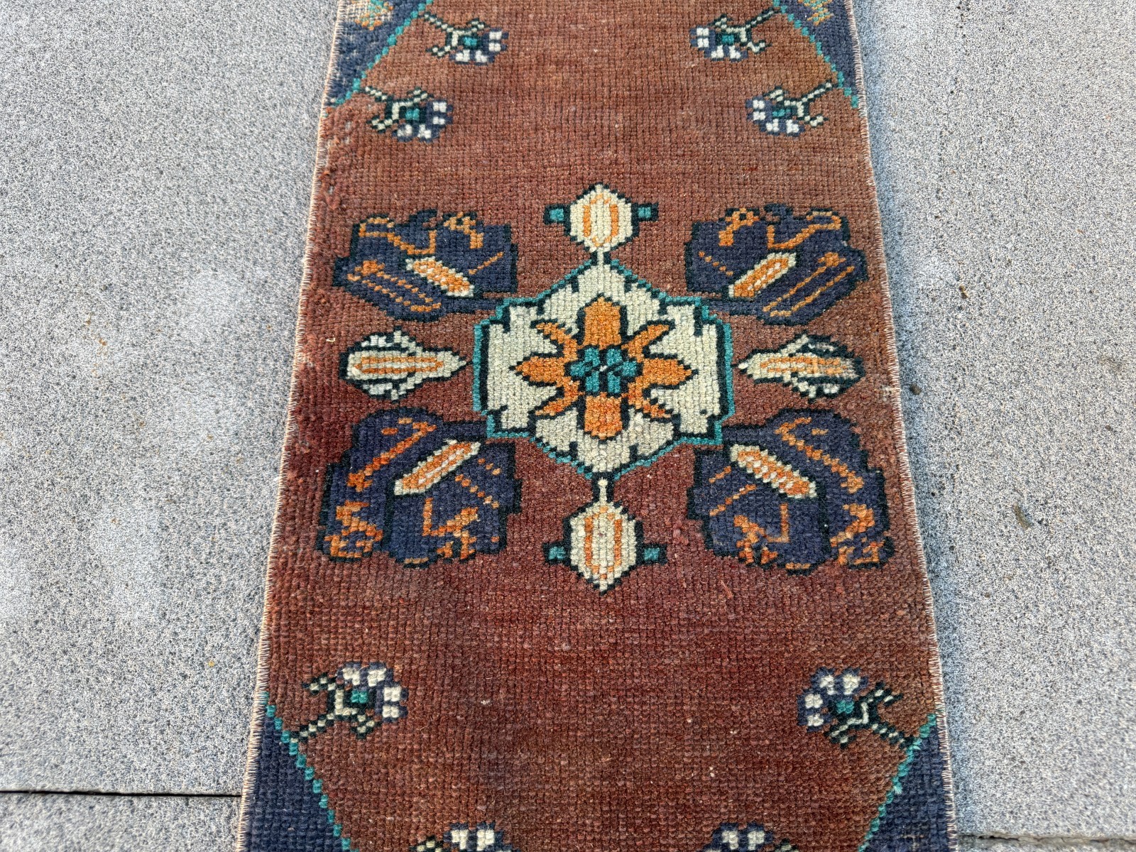 Vintage Brown Turkish Rug 1.1×2.4 Ft Tribal Wool Mat Navy Turquoise Hand Knotted