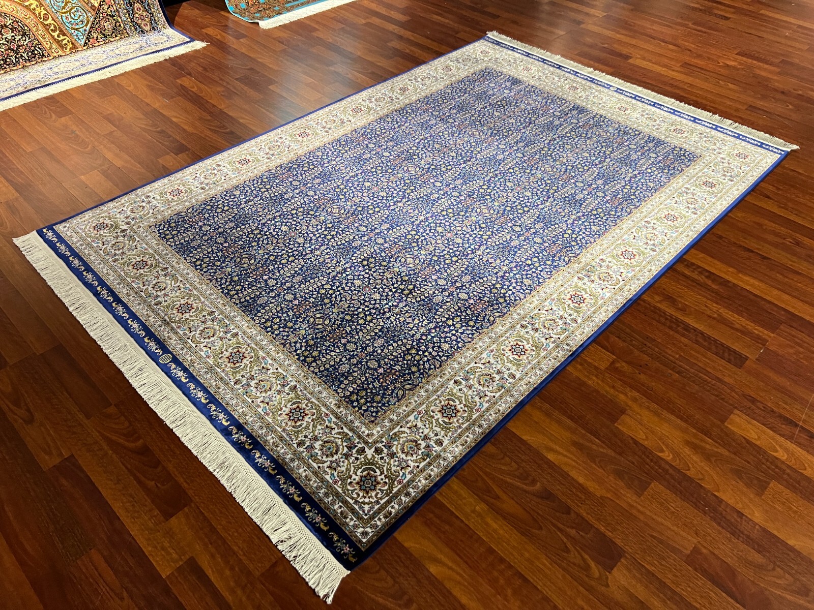 5×8 ft Blue Gold Traditional Silk Rug – Luxury Anatolia Silk Rug Living Room Rug