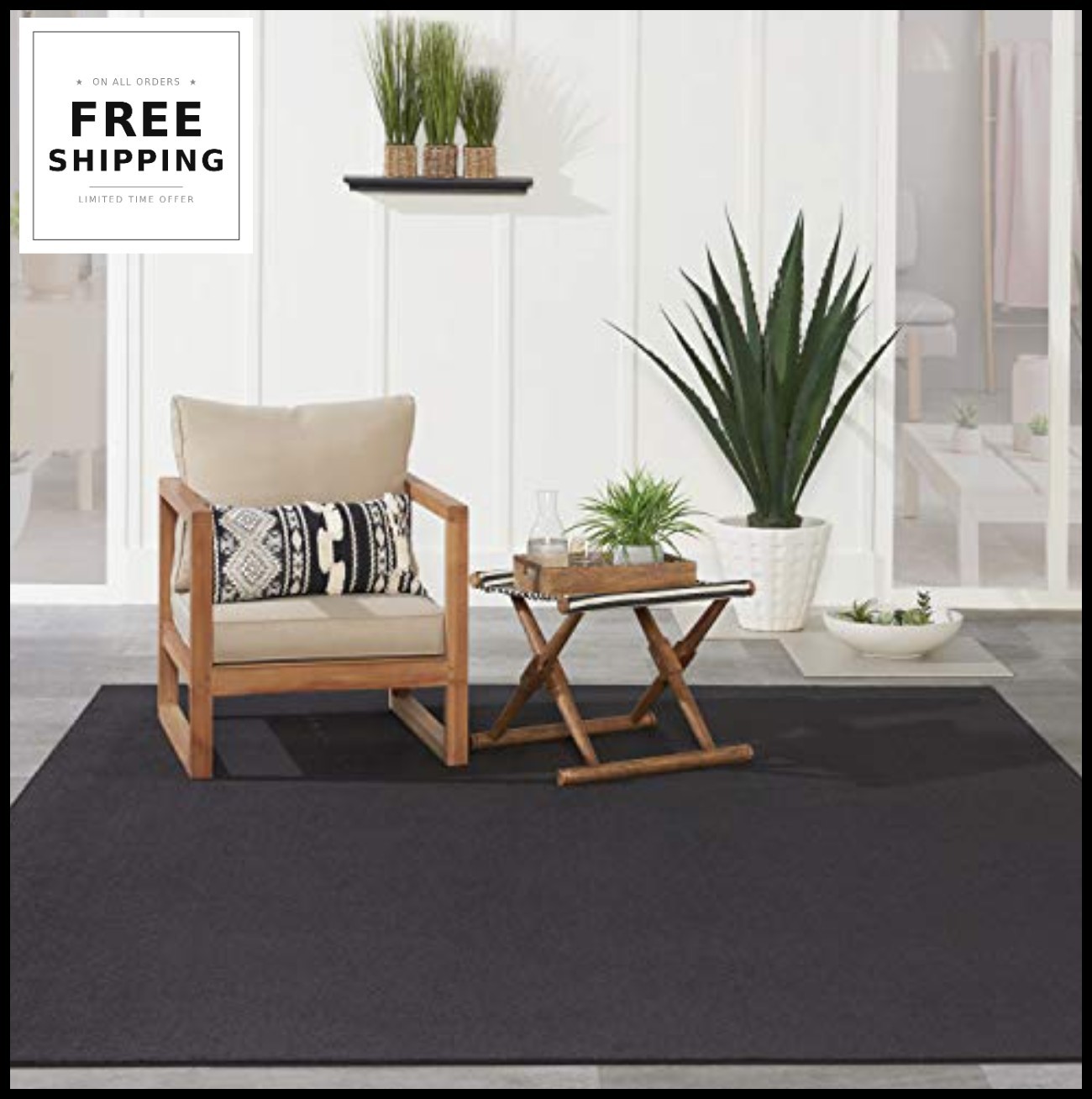 Area Rug 7 ft x 10 ft Black Low Pile Polypropylene Easy Clean Non Shedding for