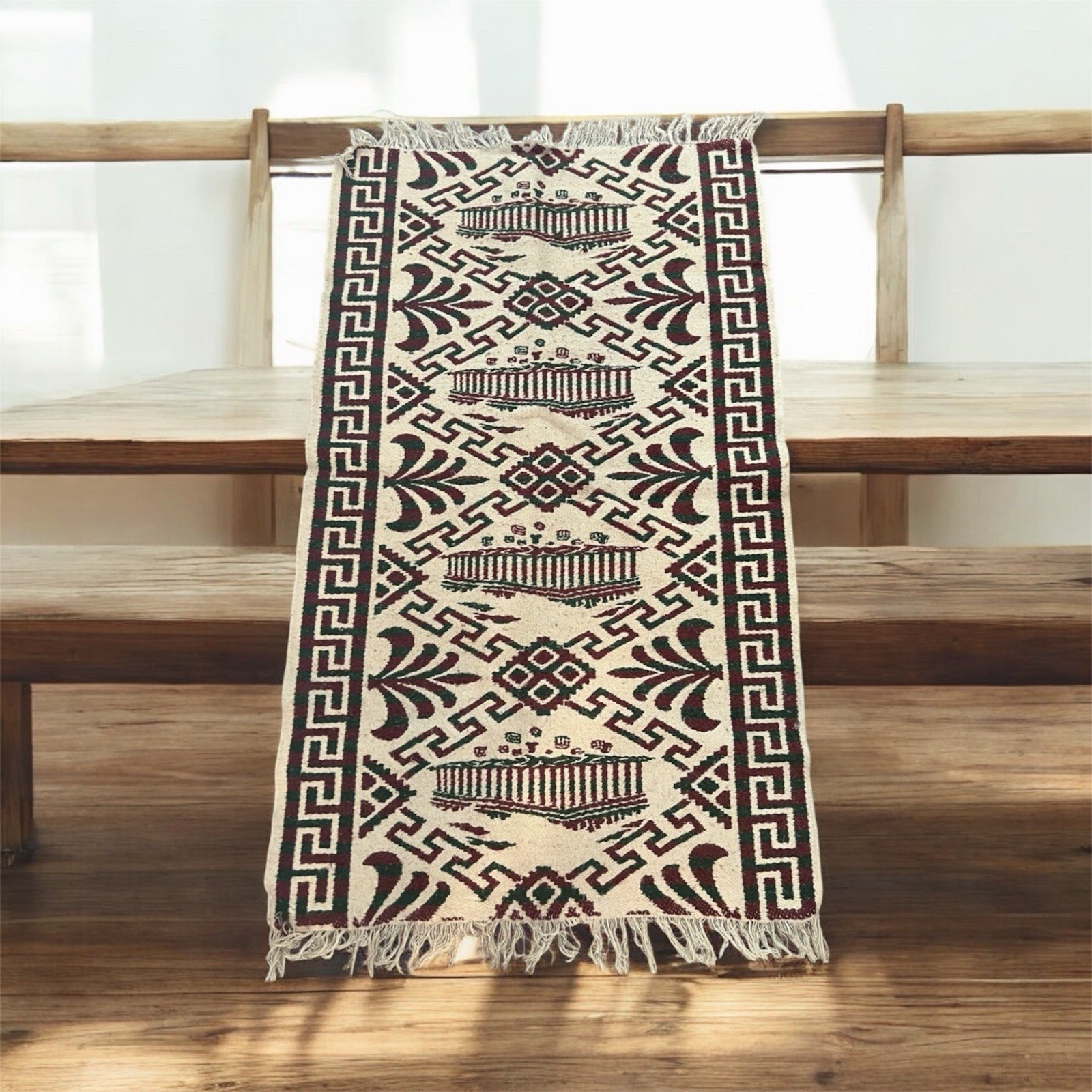 Vintage Handwoven Kilim Runner Rug Greek Key Border Wool Flat Weave 48×42”