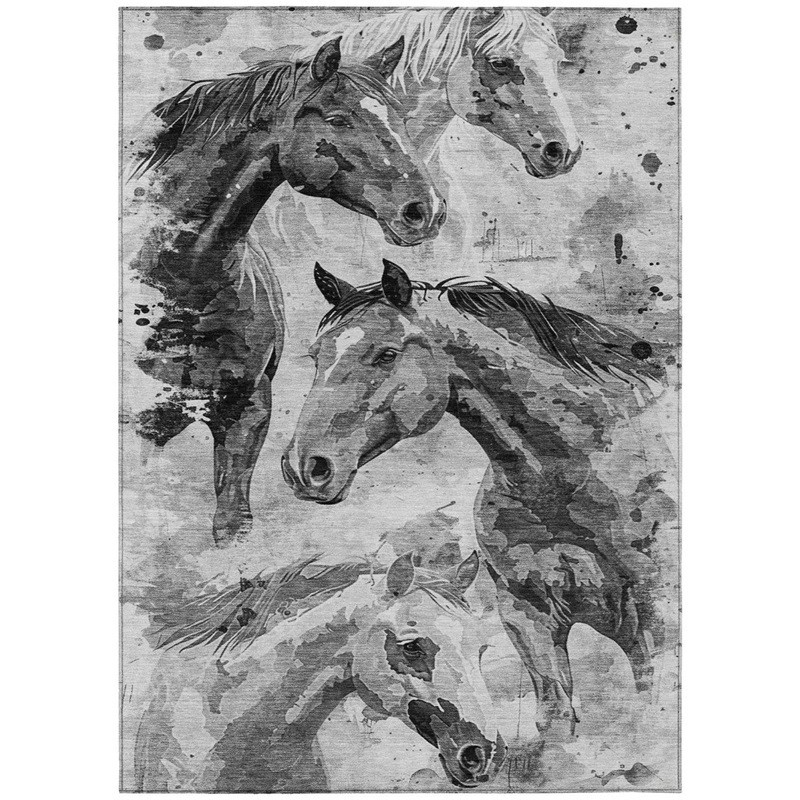 Large Running Horses Print Area Rug Western Rustic Farmhouse Accent Grey Carpet