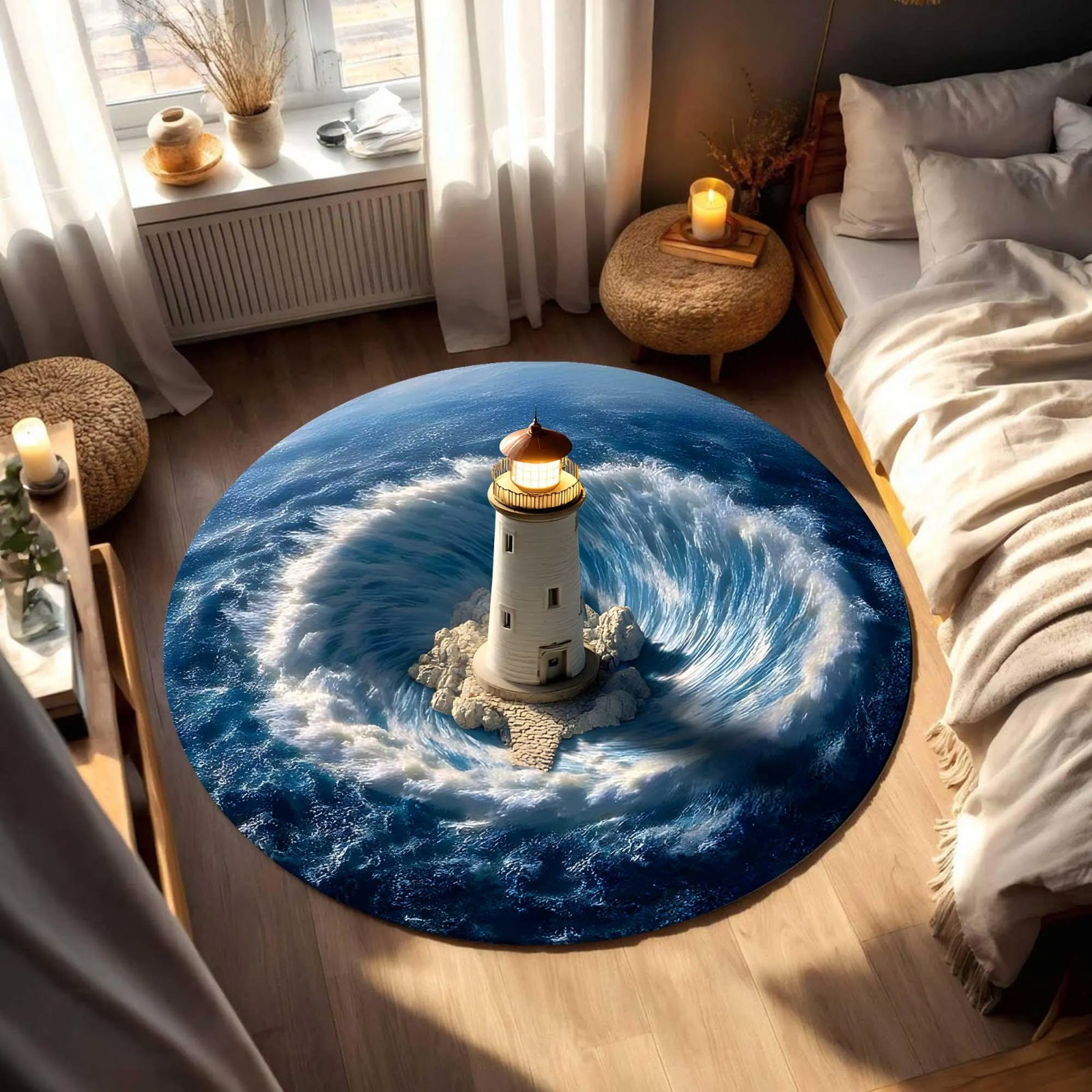 3D Ocean Lighthouse Rug Round Coastal Nautical Carpet Illusion Home Decor Gift