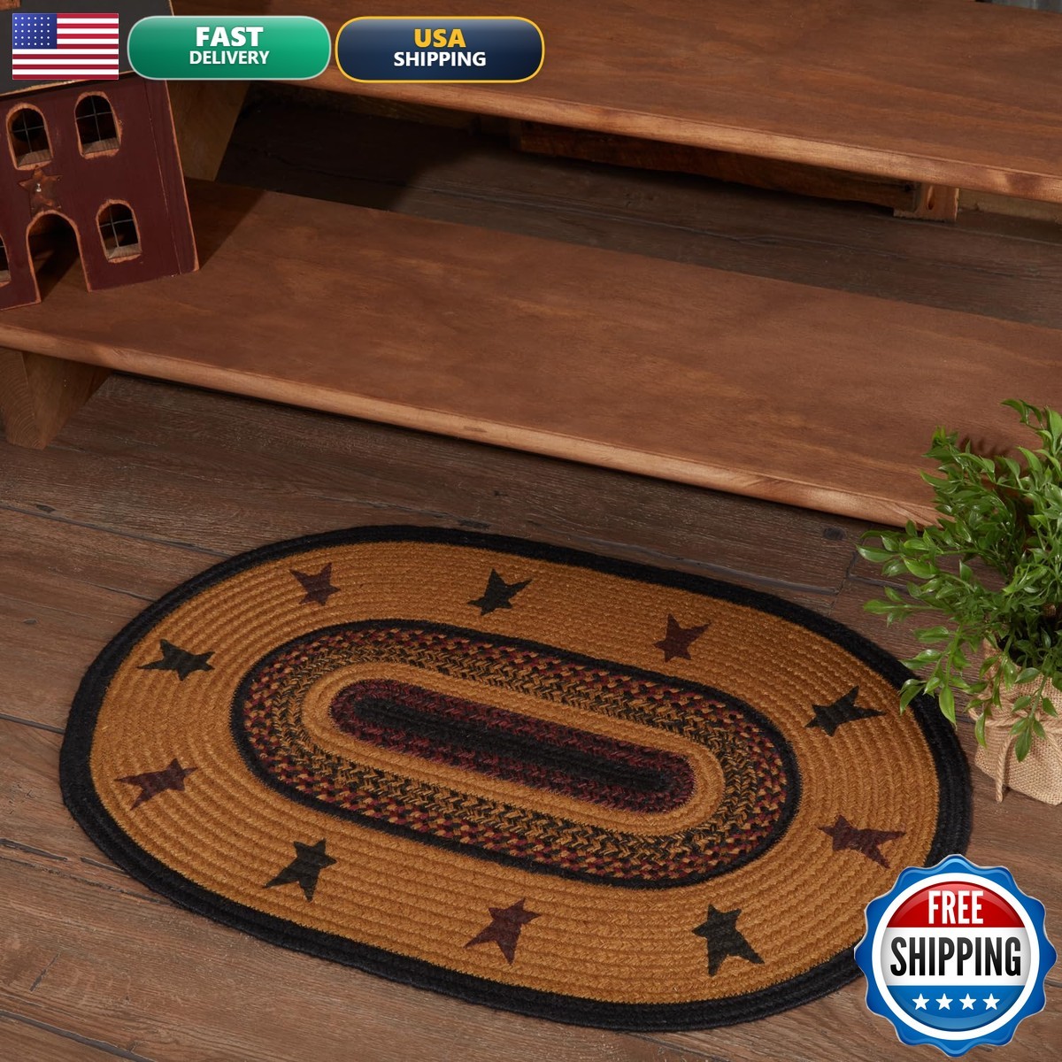VHC Brands Heritage Farms Star Jute Oval Rug 20×30 Country Braided Flooring, Tan