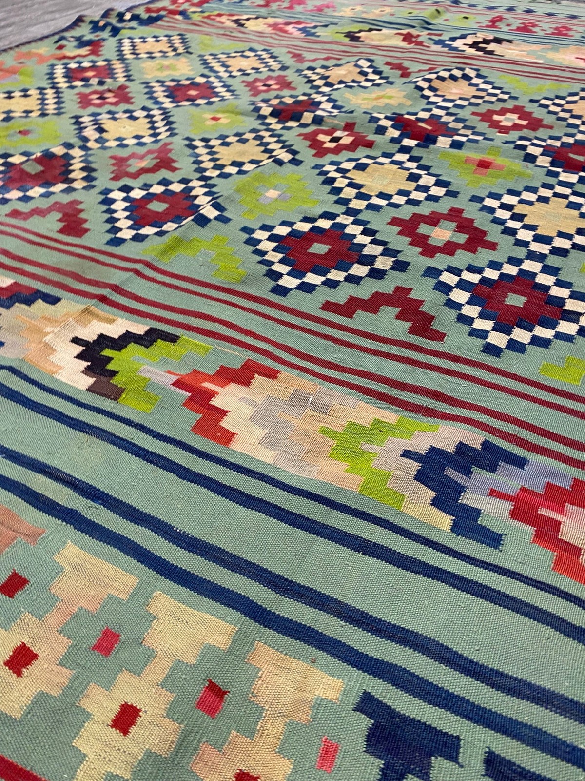 6.4 x 9.9 Green Tribbal Perrsian Flat Weave Wool Kilim Rug #F-3015