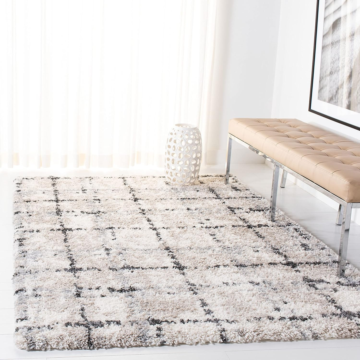 Fontana Shag Area Rug 6’7″ x 9′ – Grey & Ivory, Modern Design, Easy Care