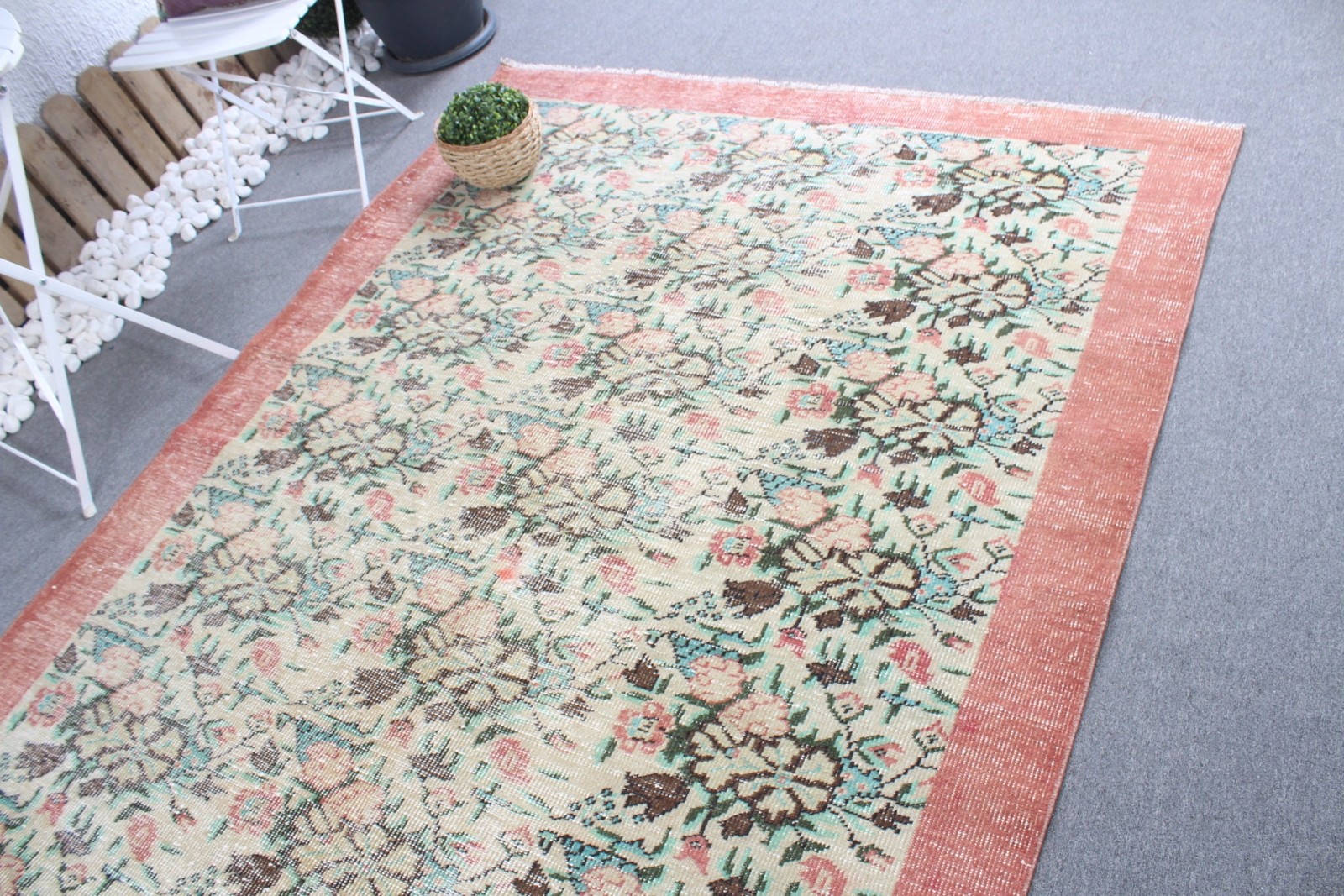 Turkish Vintage Rug 5×9 ft (152×274 cm), Green Red floral geometric Rug