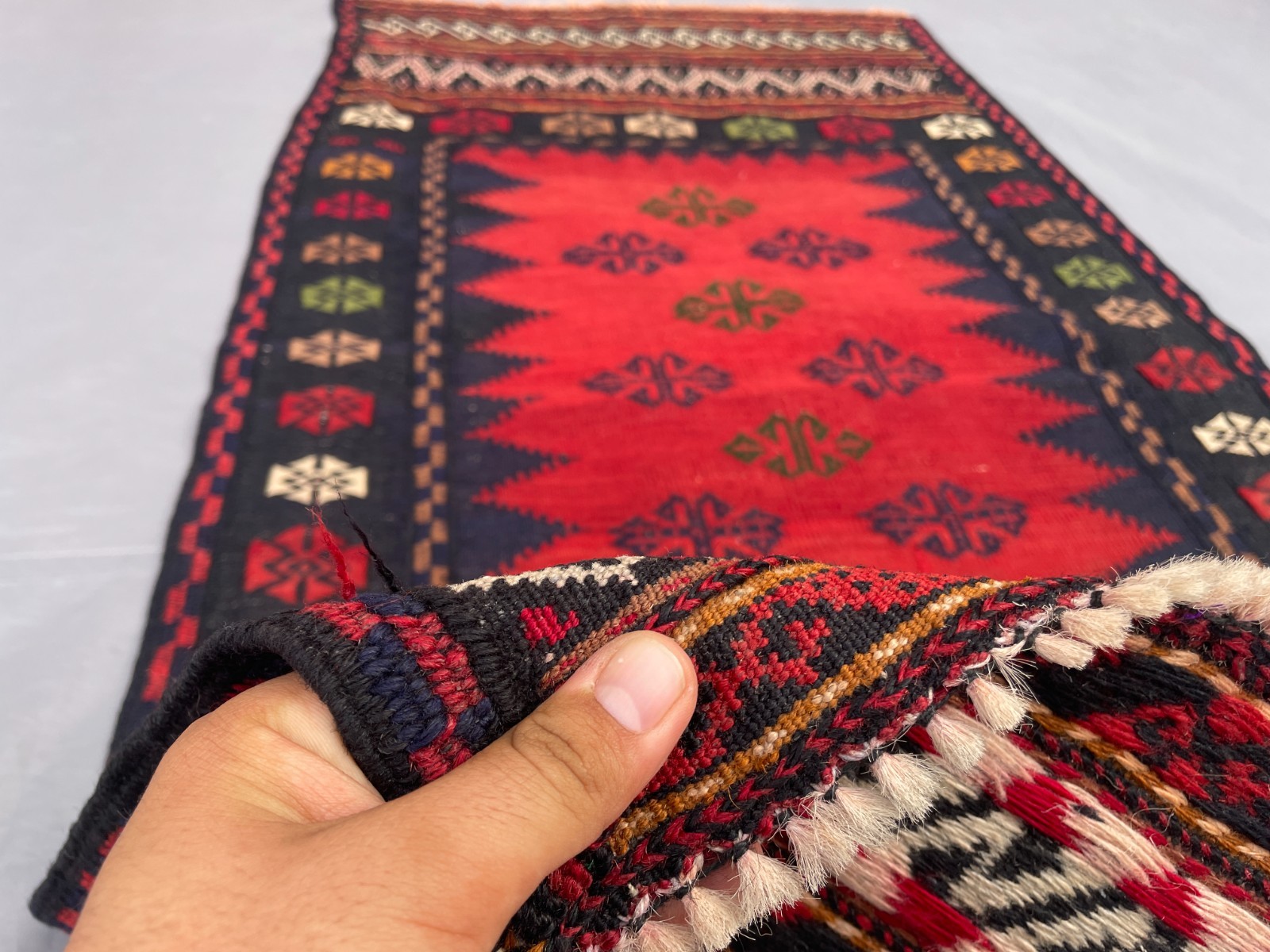 2’3 x 4’5 Ft Bold Afghan Tribal Kilim Rug Red Navy Floral Flatweave Wool Carpet