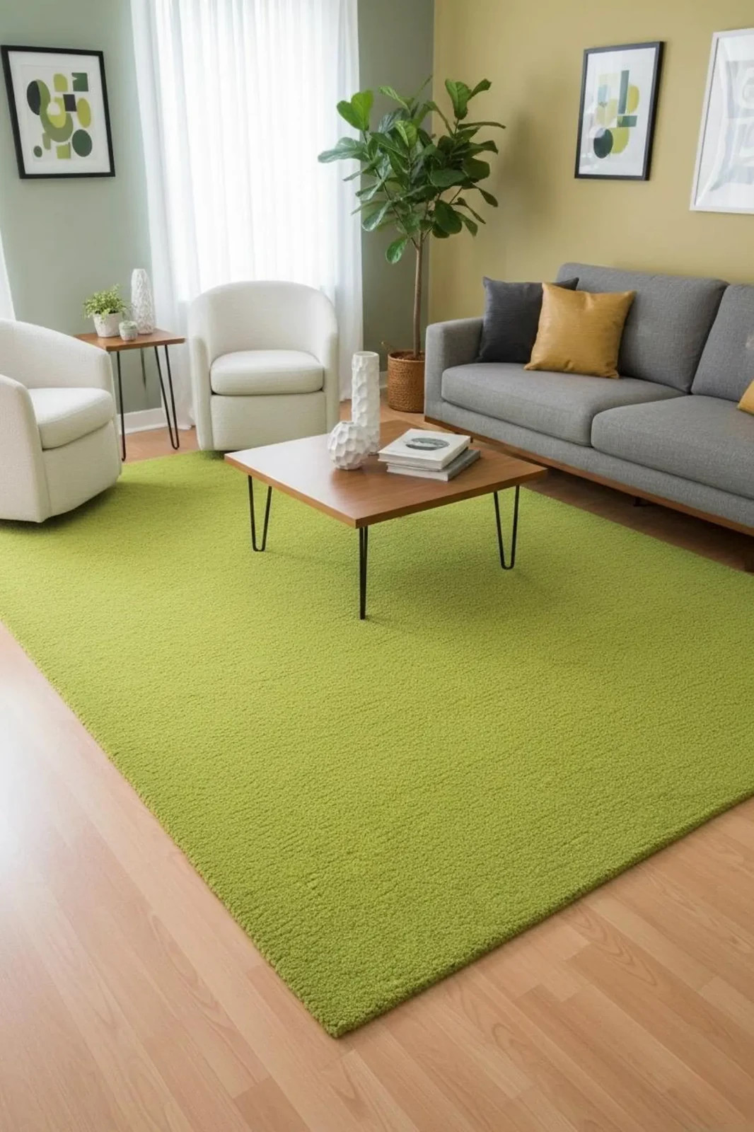 Hand Tufted Wool Area Rug Solid Chartreuse Lime Green Plush Handmade Carpet