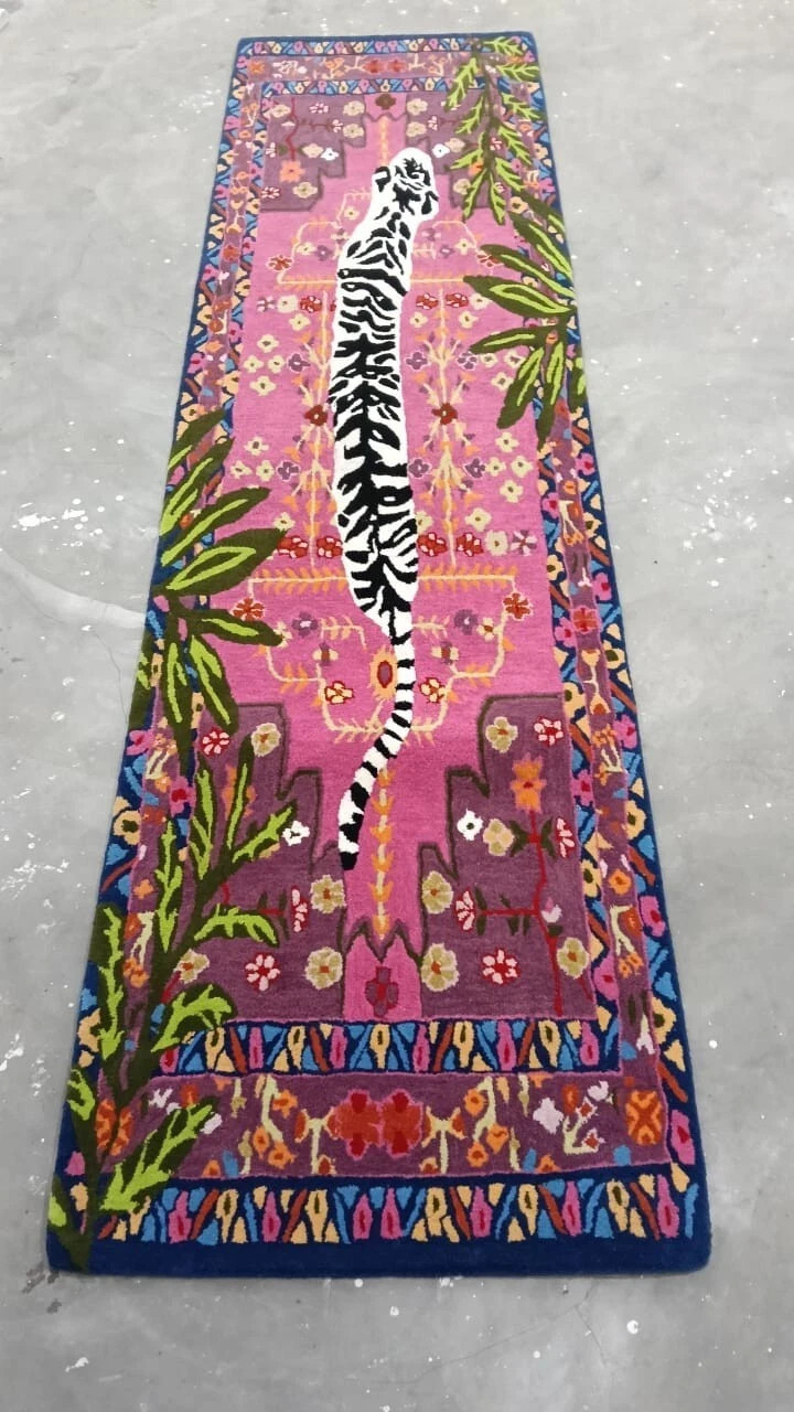 Runner Pink & Multicolor Bengal Tiger Hand Tufted Pure 100% Nz Wool Area Rug