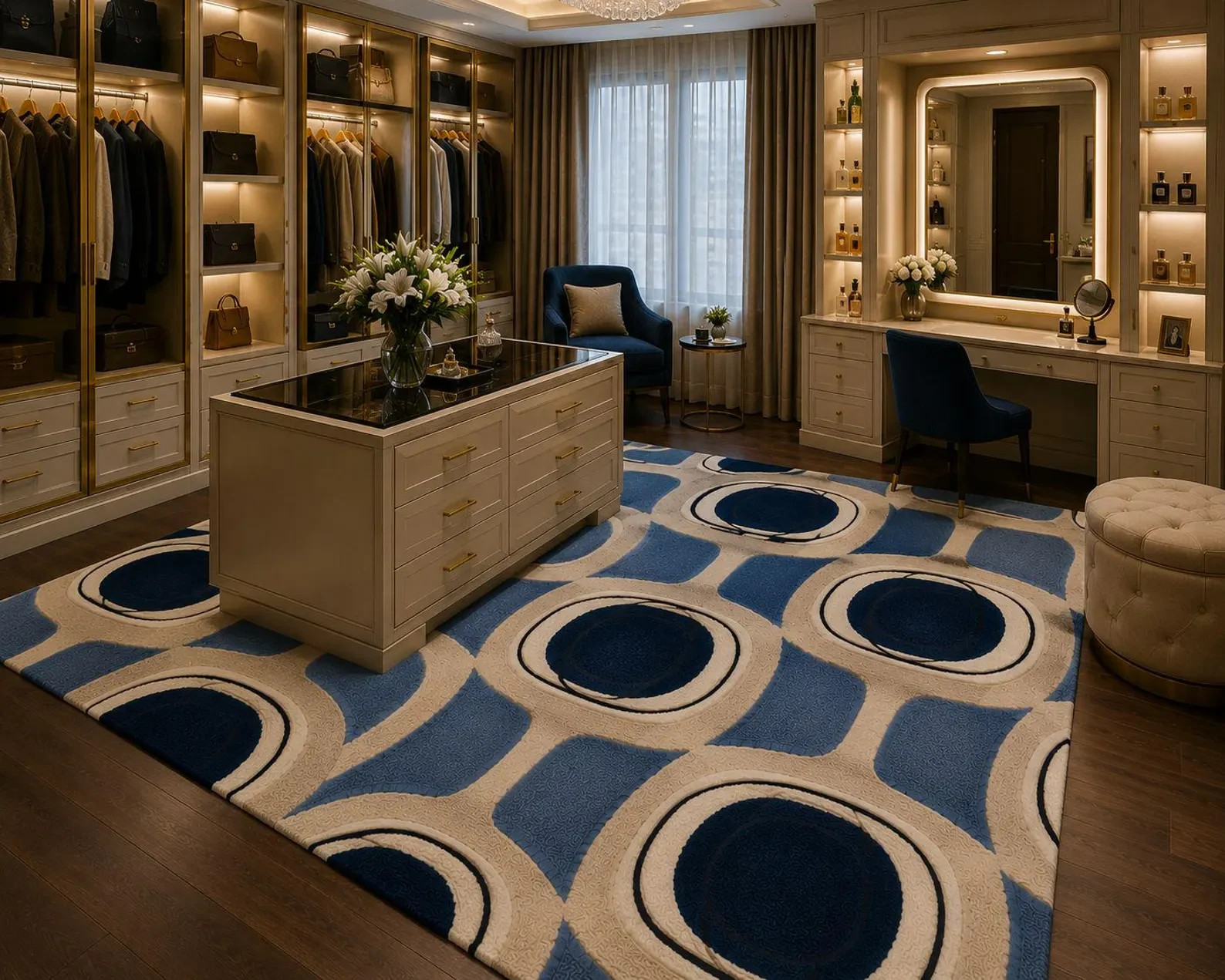 Modern Geometric Hand Tufted Wool Rug with Black Viscose Line Blue Beige Abstrac
