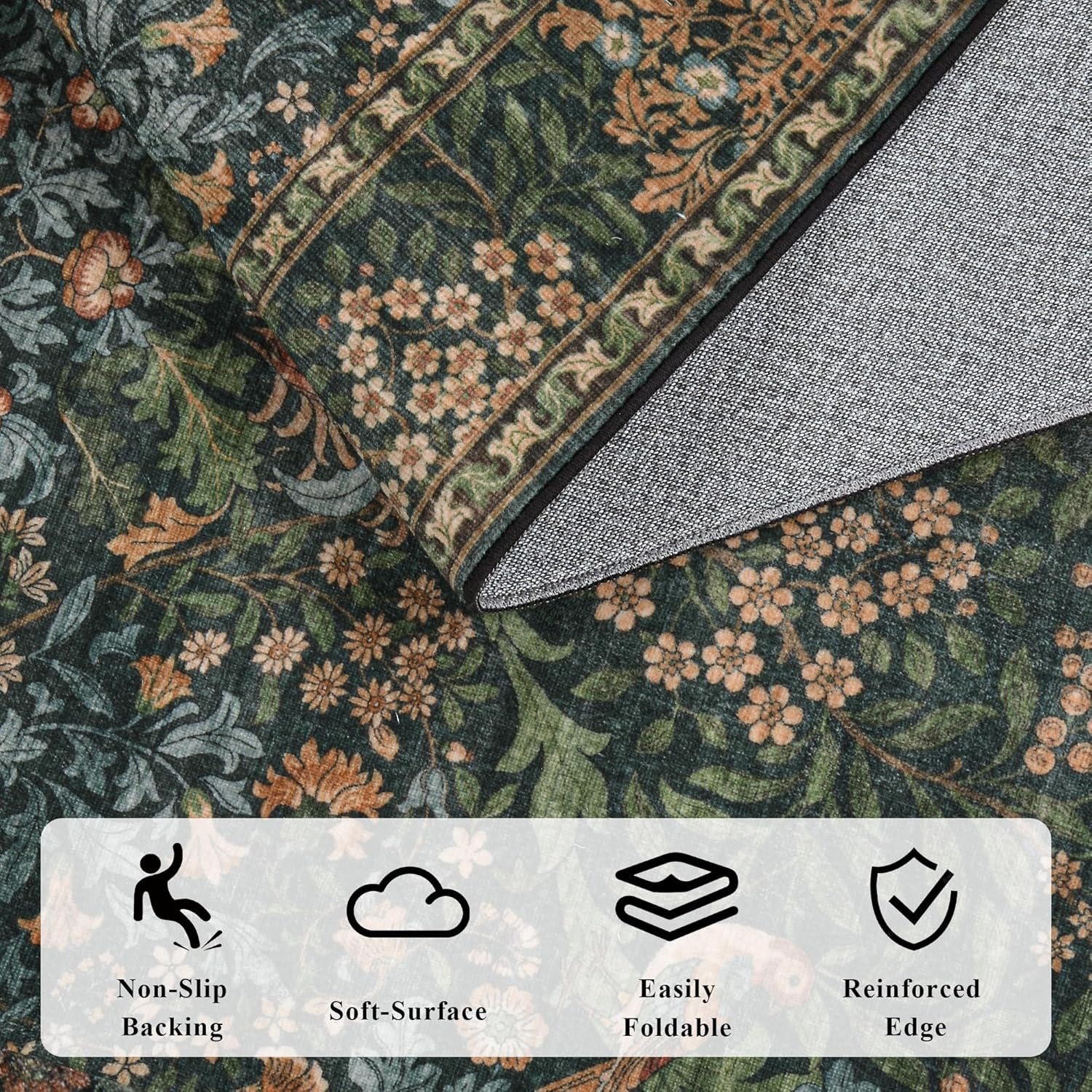 Vintage Boho Floral Washable Area Rug for Living Room & Bedroom, Non-Slip