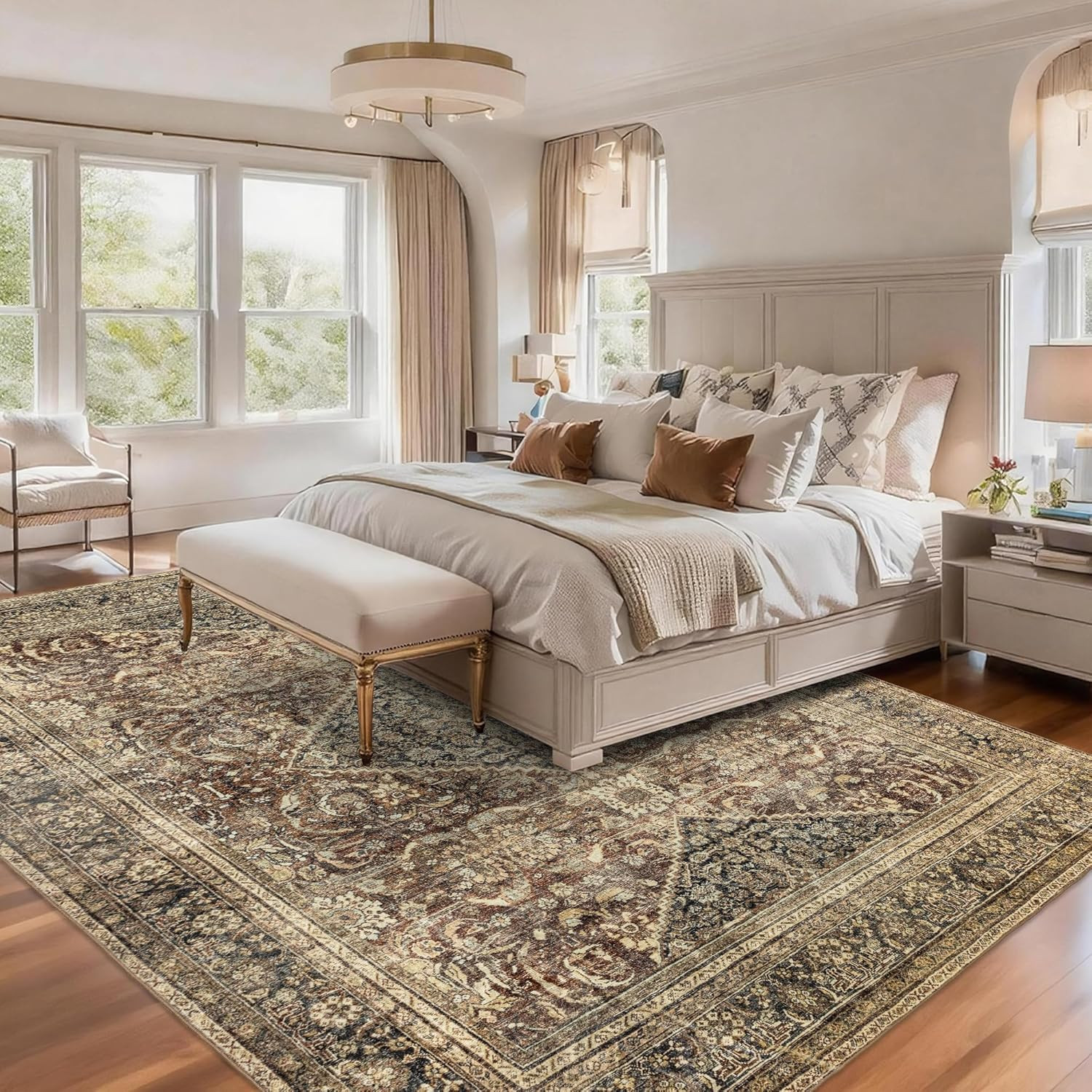 Vintage Brown Washable Area Rug 10X14 – Soft Non-Slip Carpet for Home Decor