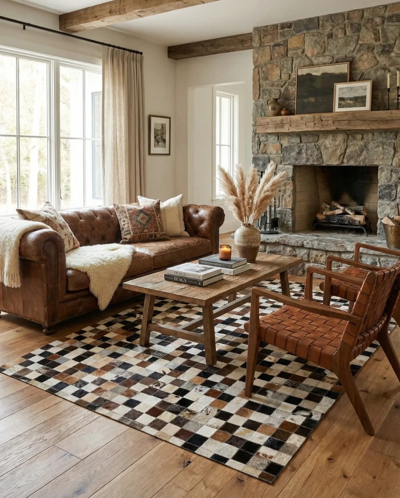 Genuine Cowhide Patchwork Rug Brown Beige Black Leather Area Rug Handmade