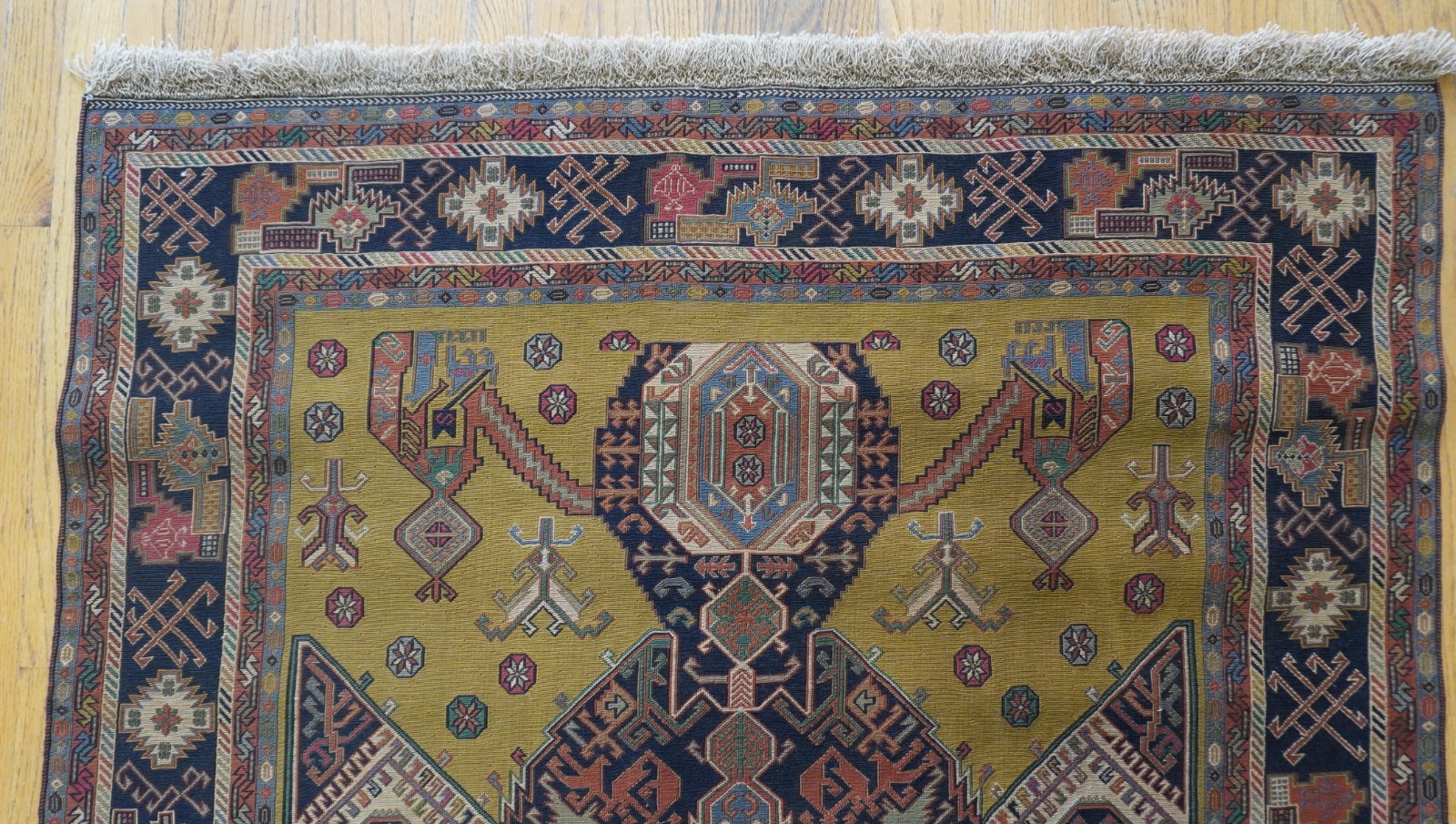 4’4″x7′ Handmade Sumac Kilim Flat Woven 100% Wool Veg. Dyes Dragon Design Rug