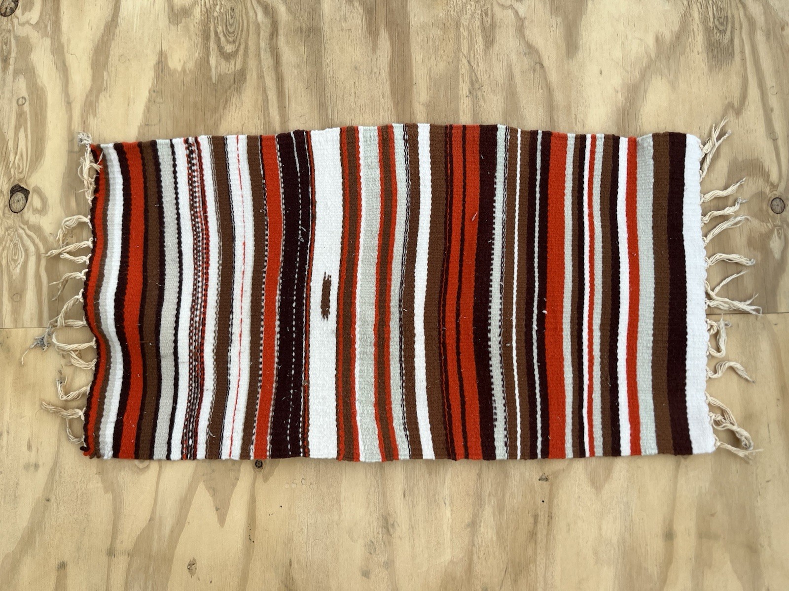 Vintage Handwoven Striped Wool Rug Mat Earth Tone Orange Brown Fringe 18×32 Mod