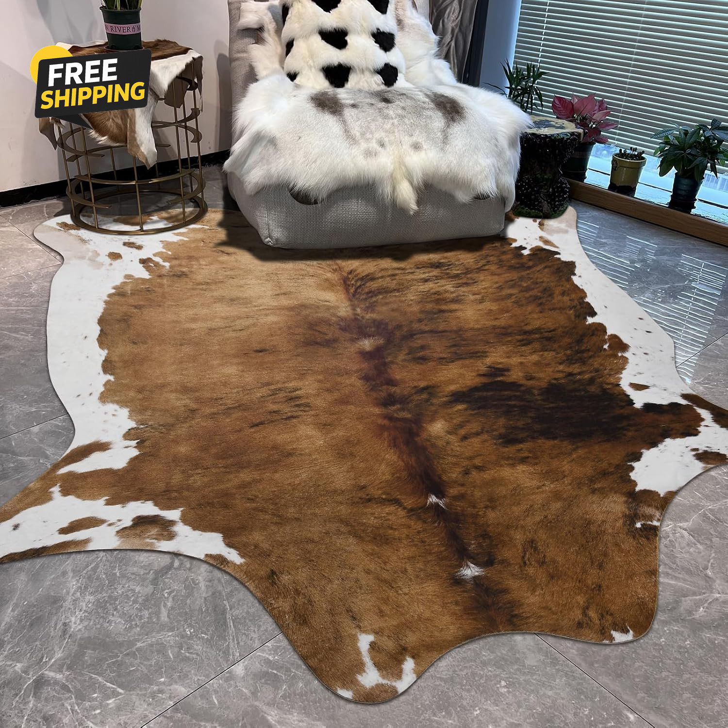 4.6×5.2Ft Faux Cowhide Rug Western Cow Print Area Rug Non Slip Caramel Decor