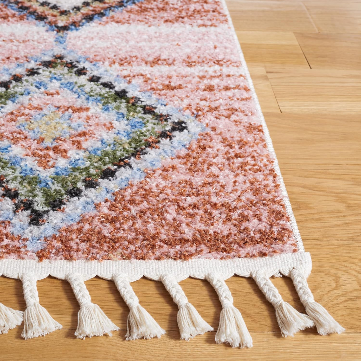 Chapel 9′ x 12′ Area Rug, Pink & Turquoise, Boho Tassel Design