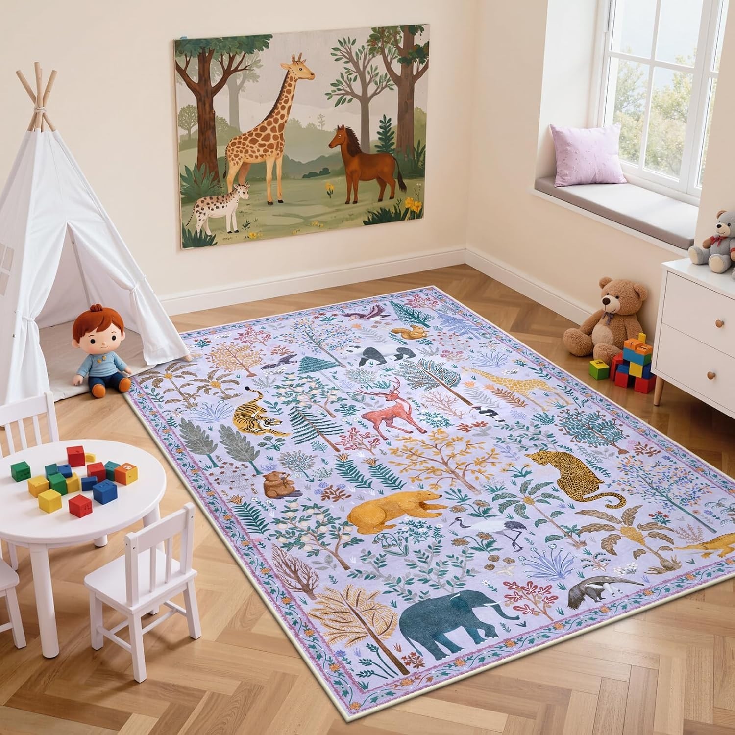5×7 Animal Print Nursery Rug Washable Non Slip Kids Room Bedroom Carpet