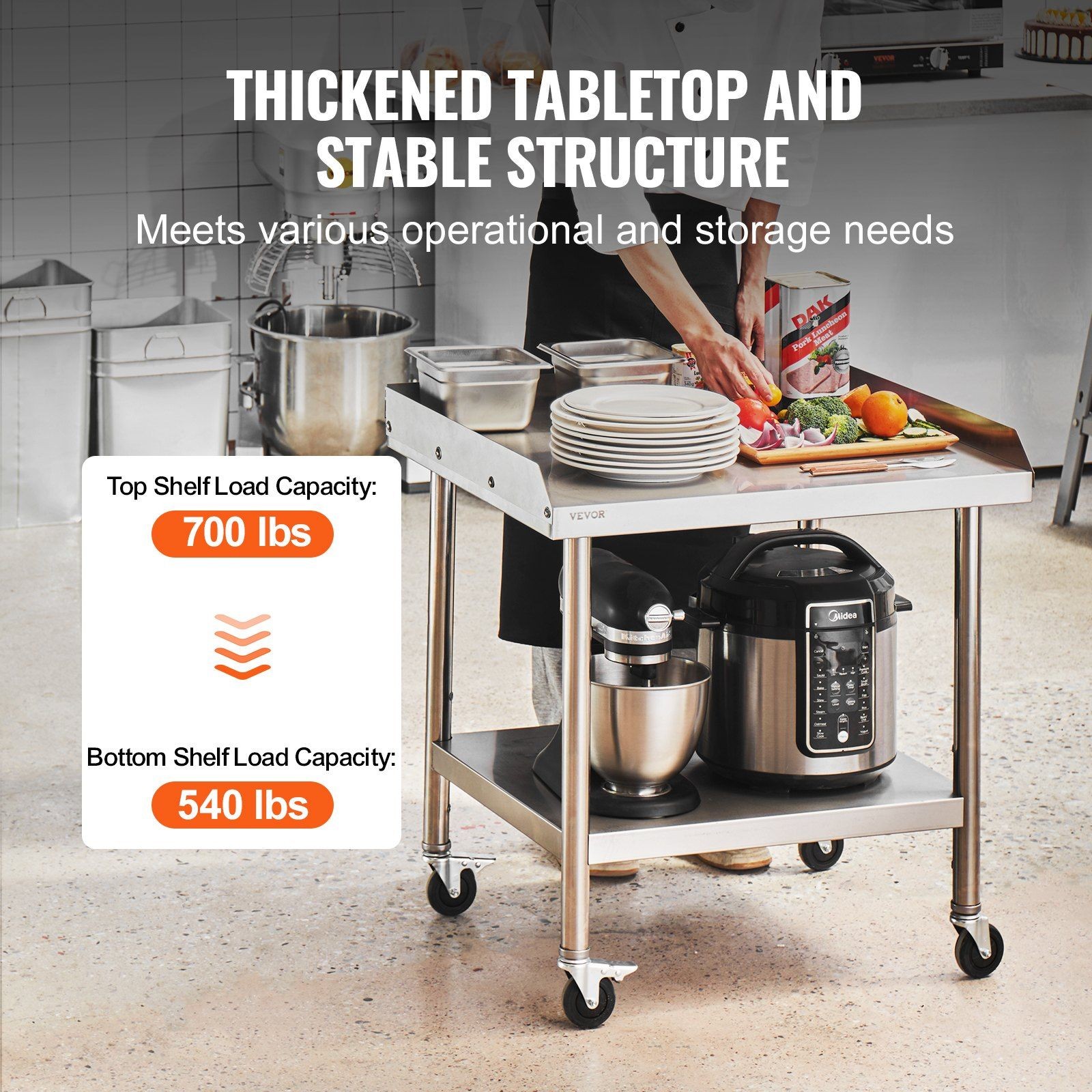 24x28x30in 3-sided splash & 4 wheels stainless steel work table