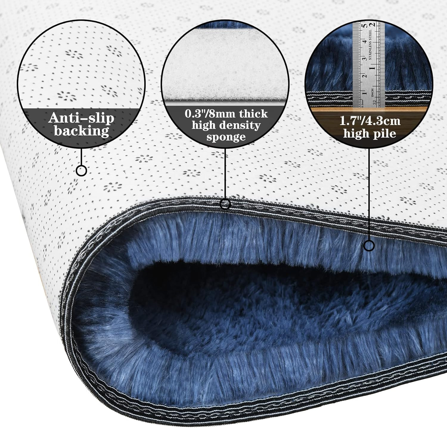 Navy Blue Fluffy round Rug 4X4 Ft, Tie-Dyed Shag Fuzzy Plush Circle Throw Rug fo