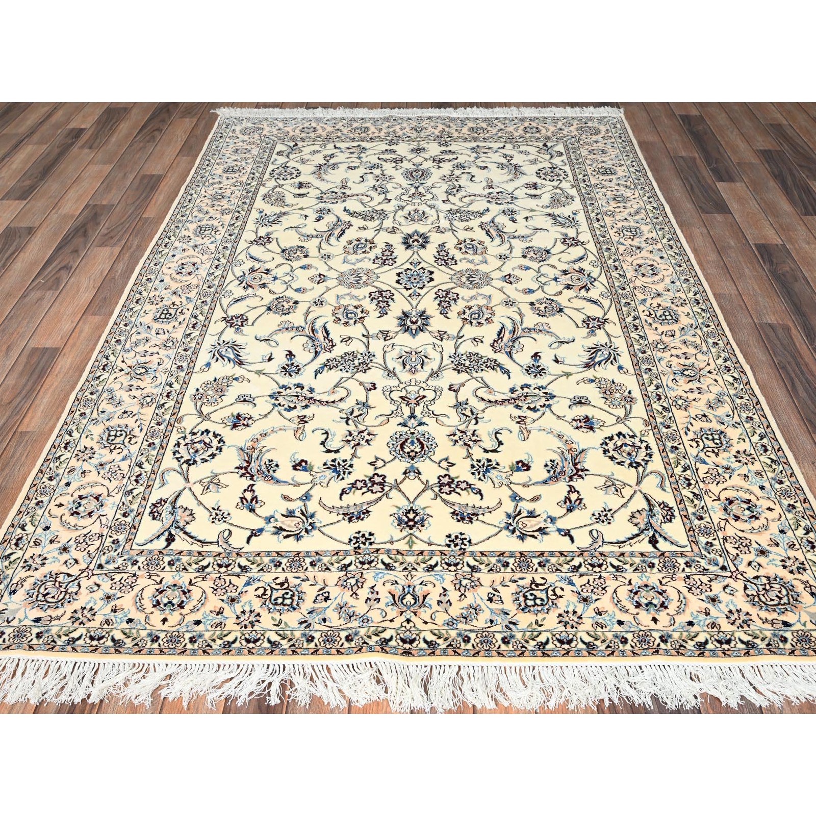 5’1″x7’8″ Ivory Zoroastrian Nain Wool and Silk Hand Knotted 400 KPSI Rug 1464