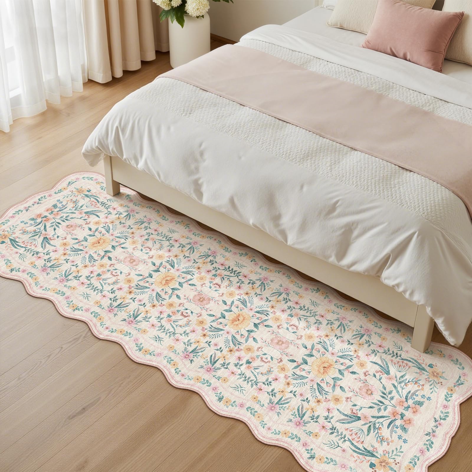 Dadasgk Scalloped Floral Runner Rug 2×6, Pink Washable Non-Slip Boho Hallway …
