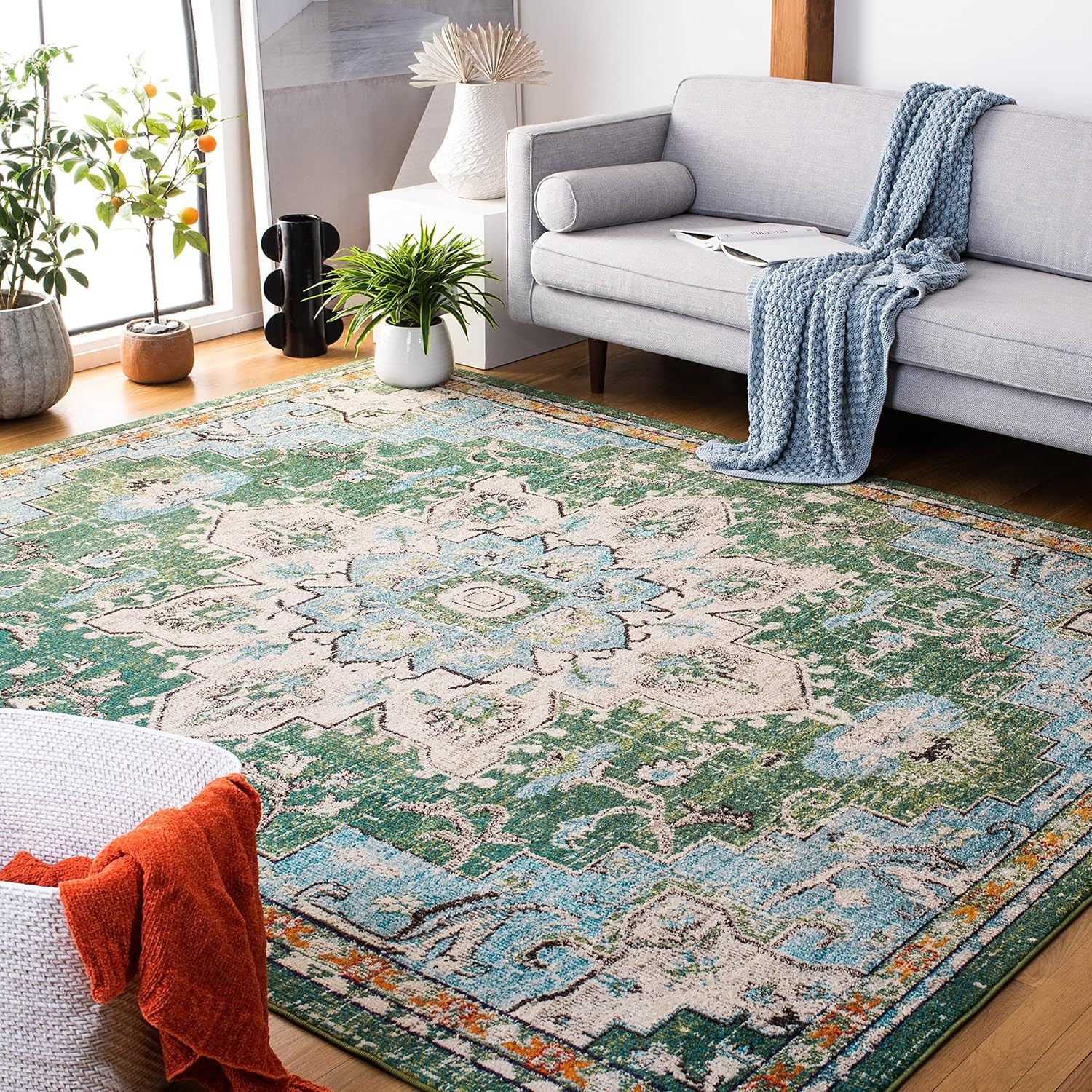 Boho Chic Madison Area Rug 9′ x 12′ Green & Turquoise, Easy Care, Non-Shedding