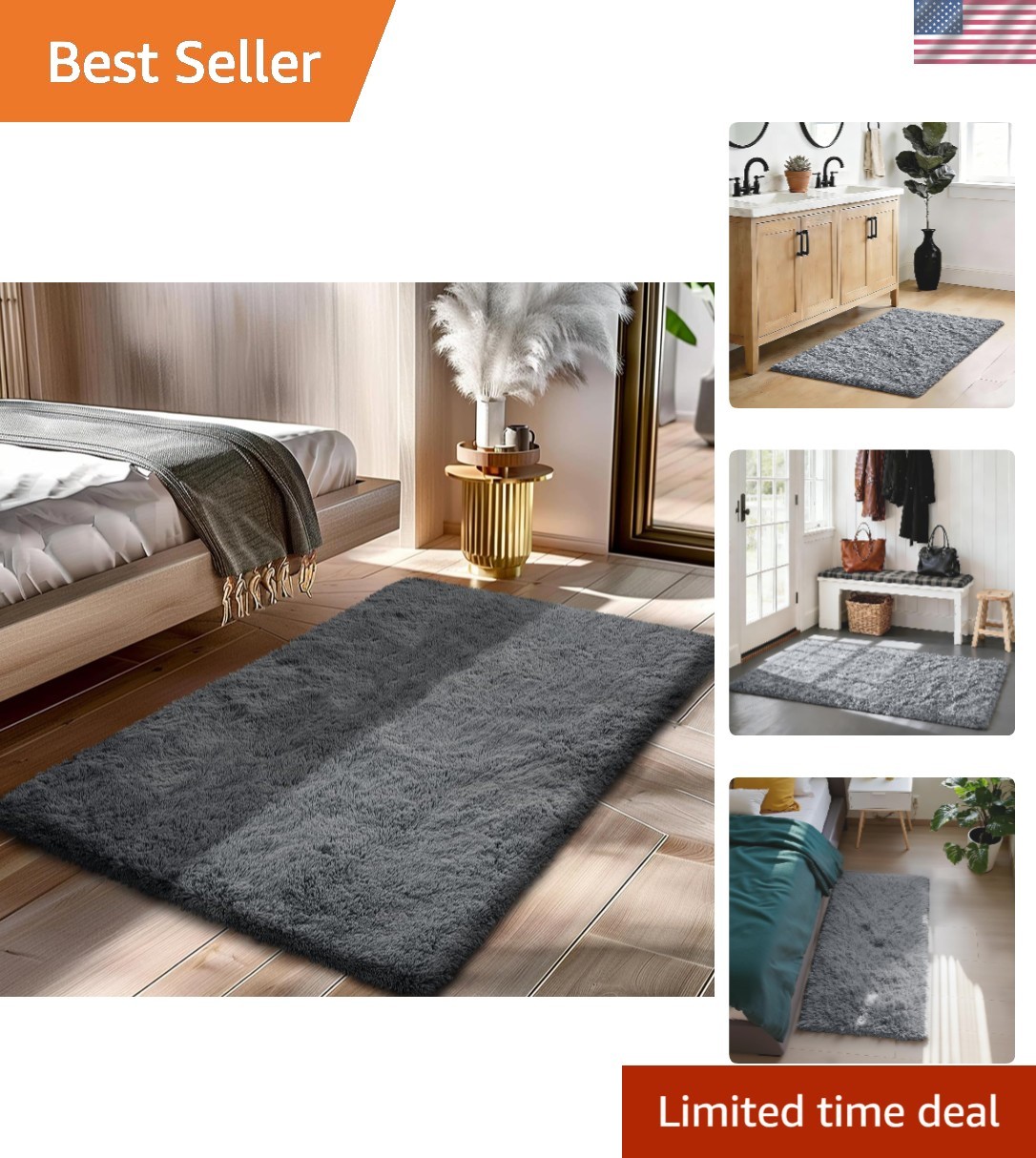 Modern High Pile Grey Shag Area Rug 2′ x 4′ – Family-Friendly & Slip-Resistant